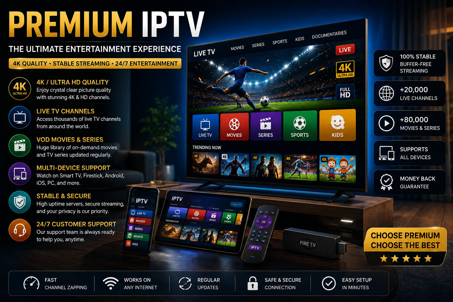 Premium IPTV 4K streaming service on Smart TV and compatible devices