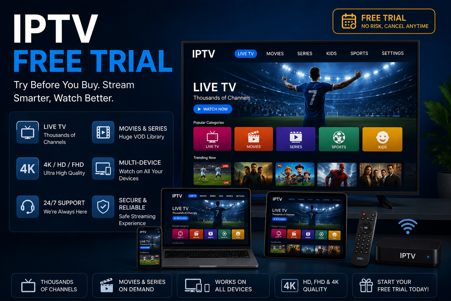 IPTV free trial on Smart TV, Fire TV, Android, iPhone and 4K devices