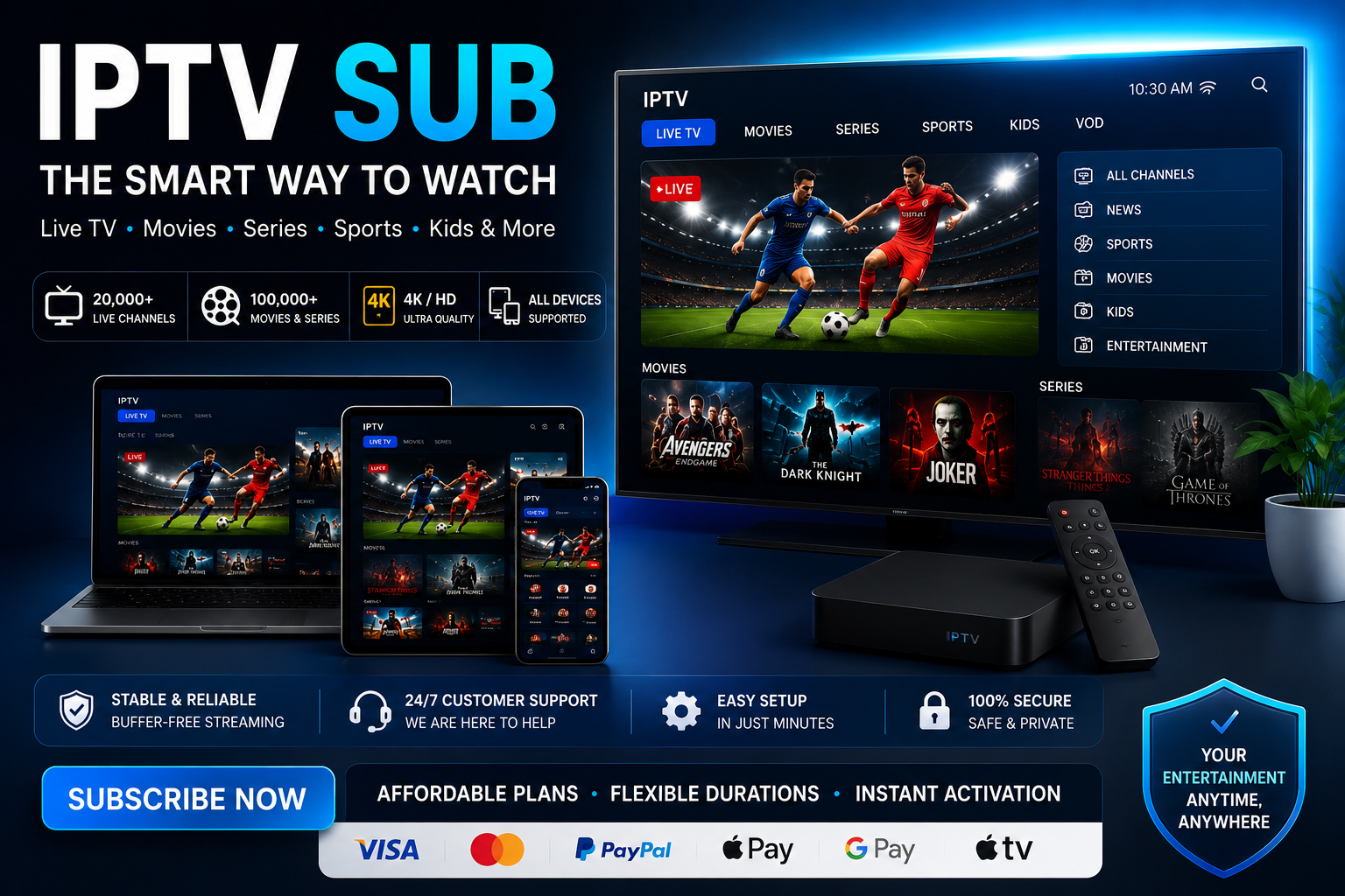 IPTV sub subscription guide showing live TV, movies, sports and streaming devices