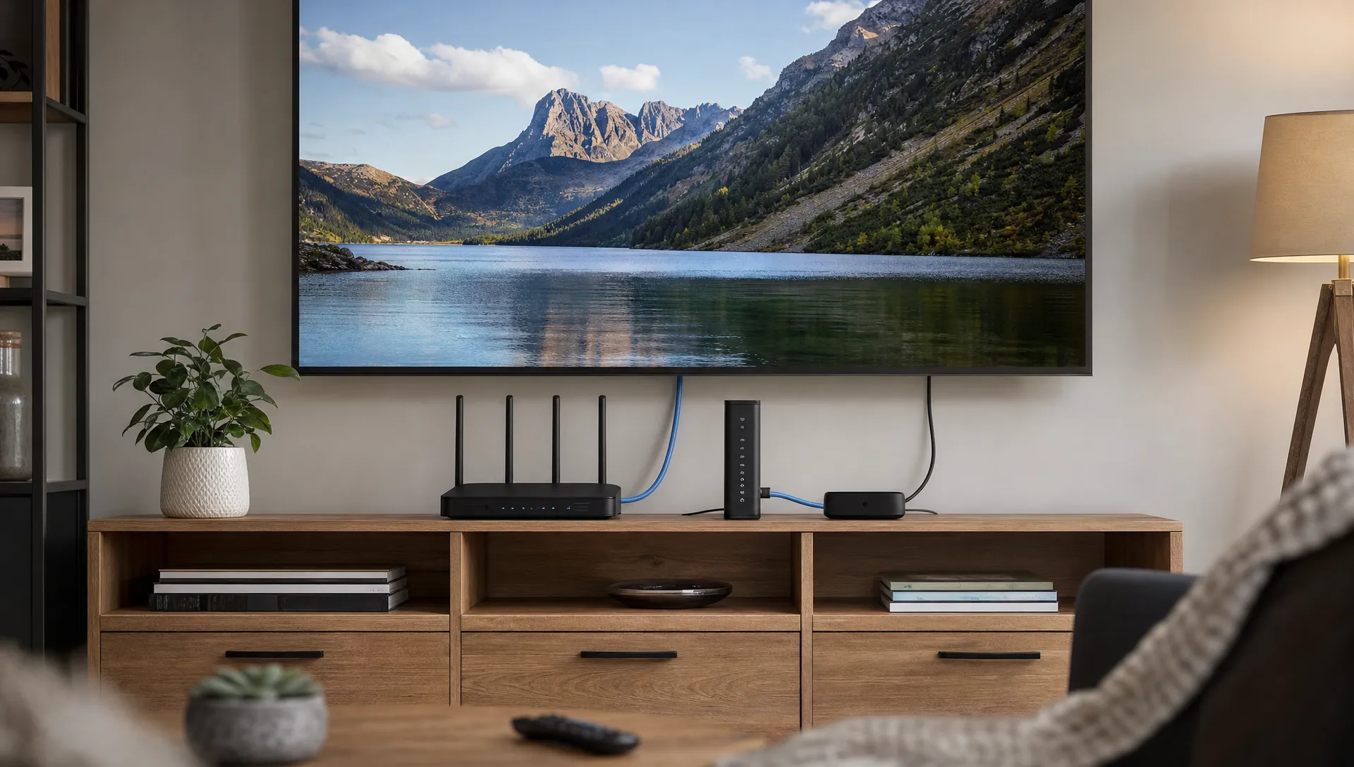 A 4K television connected by Ethernet to a router, modem and streaming box in a living room setup for stable streaming.