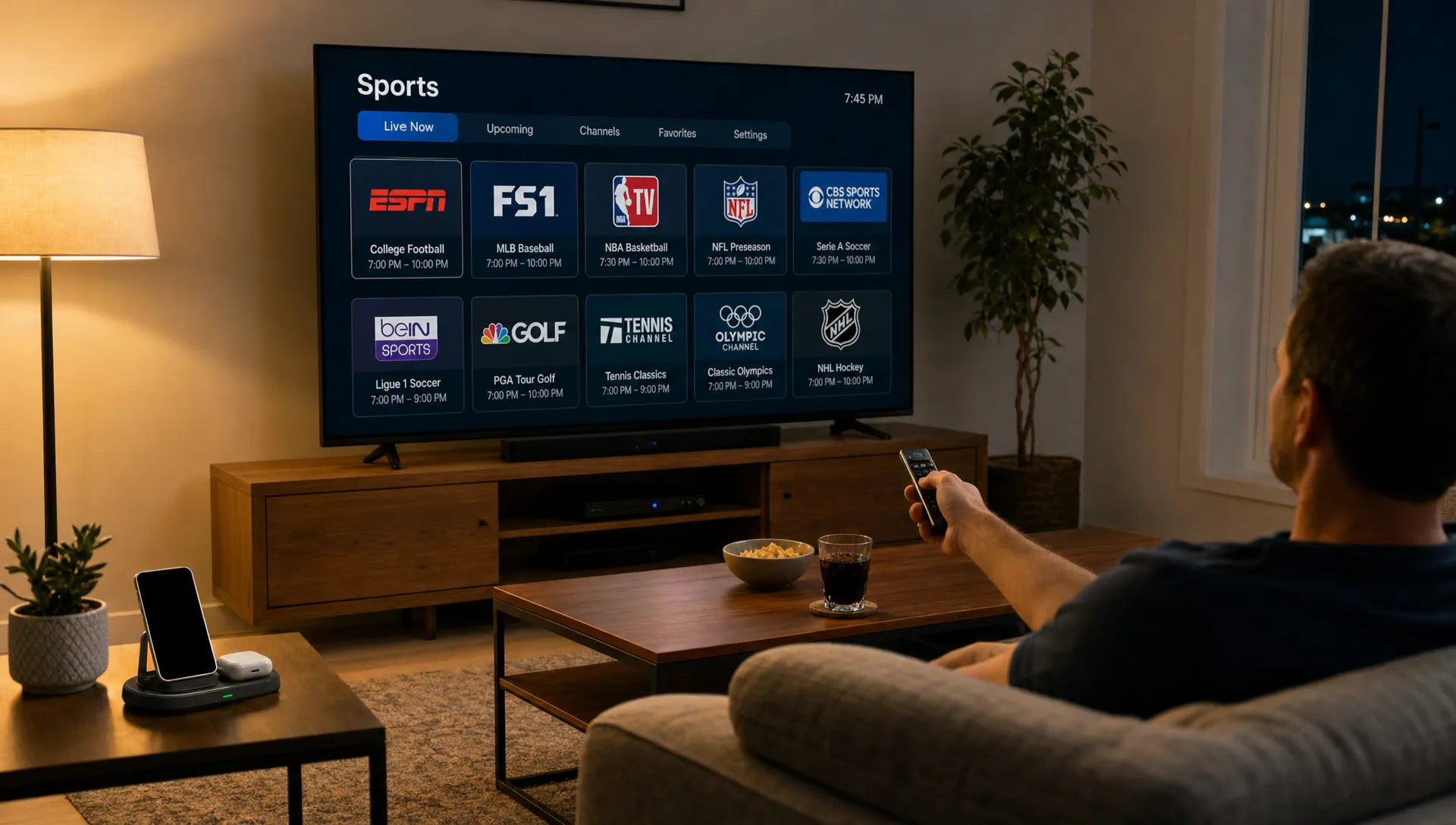 A family room shows everyday IPTV viewing on a 4K TV with a remote on the sofa.