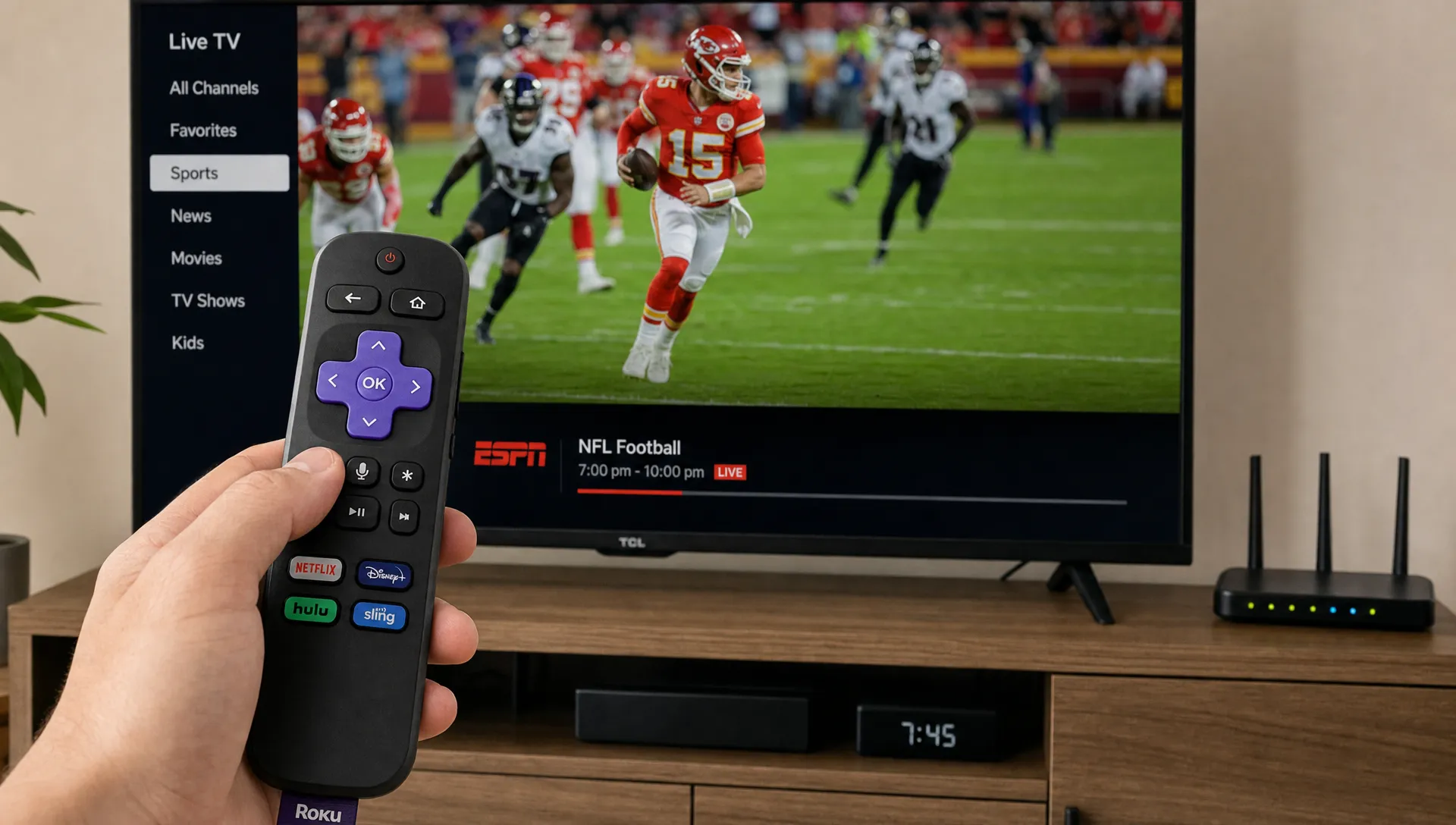 A hand with a streaming remote sits beside a TV setup used for premium IPTV service.