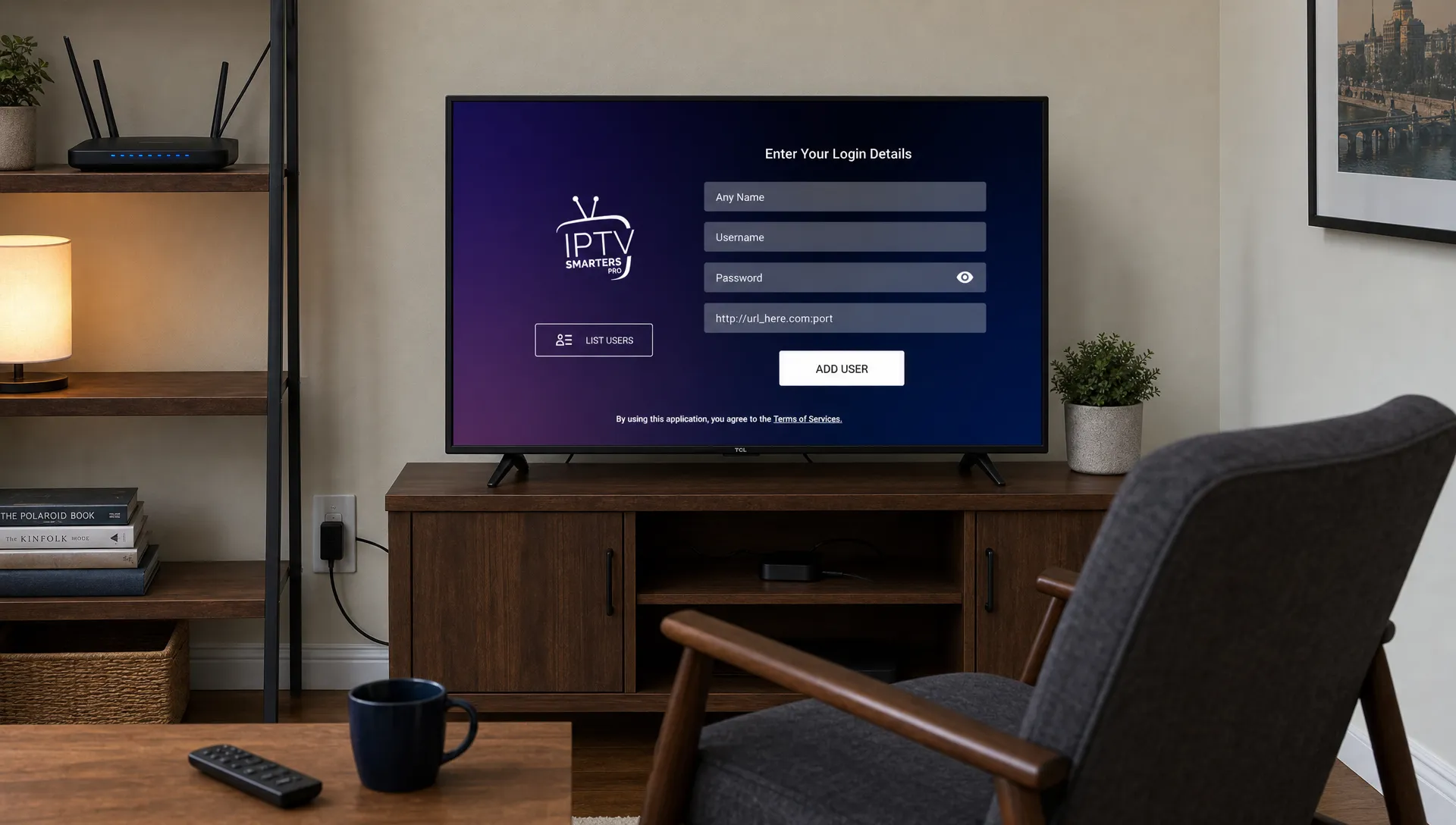 A home media corner shows a Smart TV, router and streaming stick ready for IPTV setup.