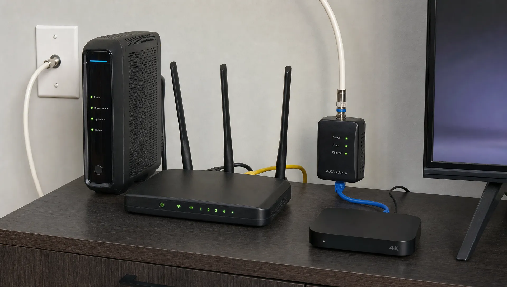 A home setup shows a modem, router, coax wall jack, Ethernet cable and MoCA adapter connected to a 4K streaming box.