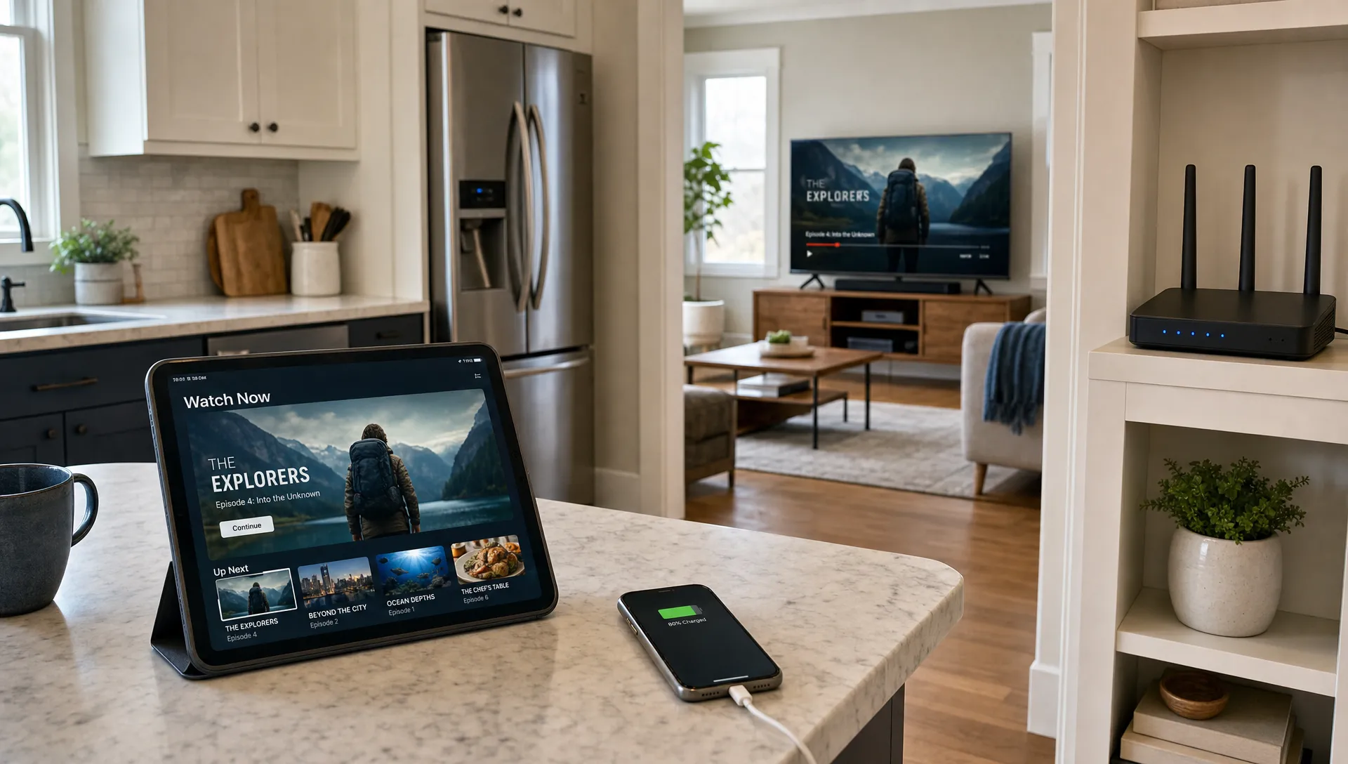 A kitchen and living room setup shows a tablet, phone and TV sharing the same home network for 4K streaming.