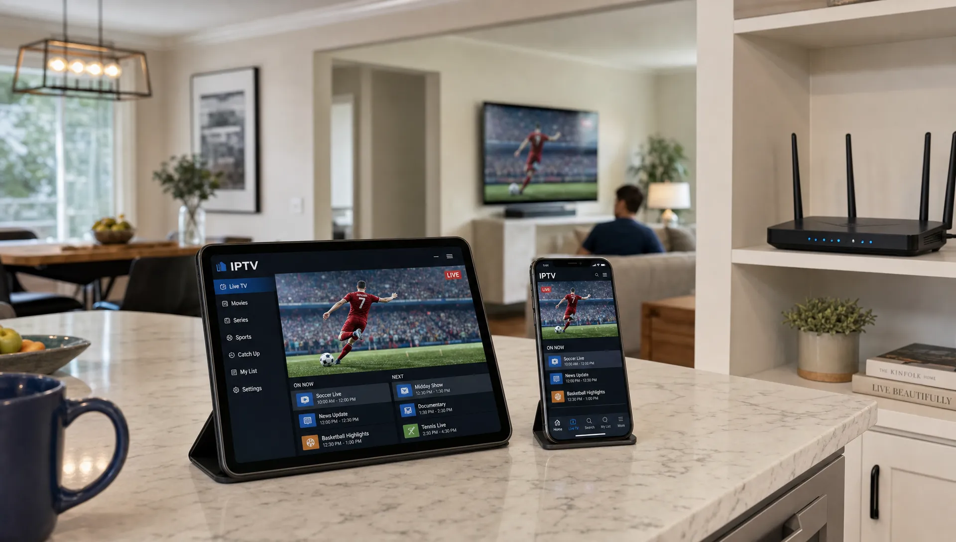 A kitchen counter holds a tablet and phone streaming IPTV, with a router and TV nearby.