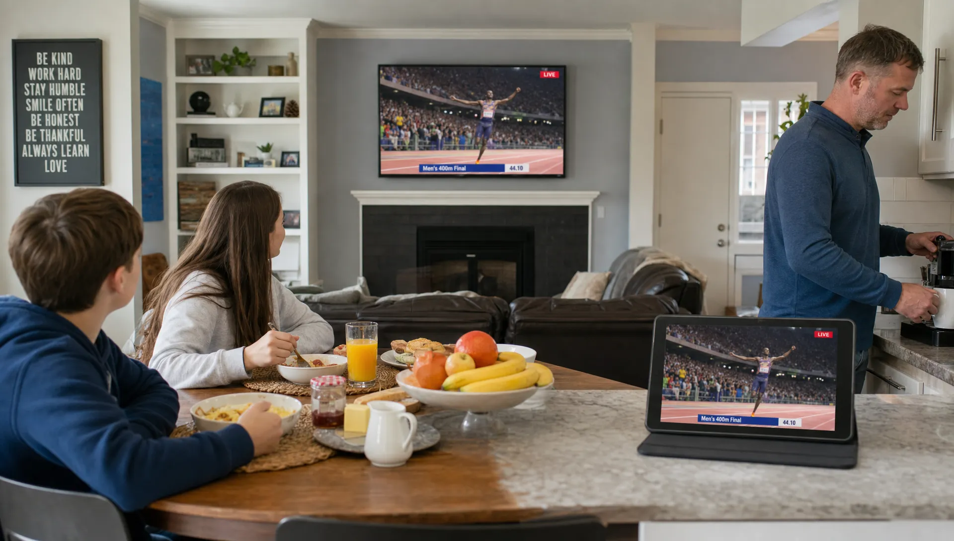 A kitchen counter tablet and wall-mounted TV show the same live event at slightly different times.