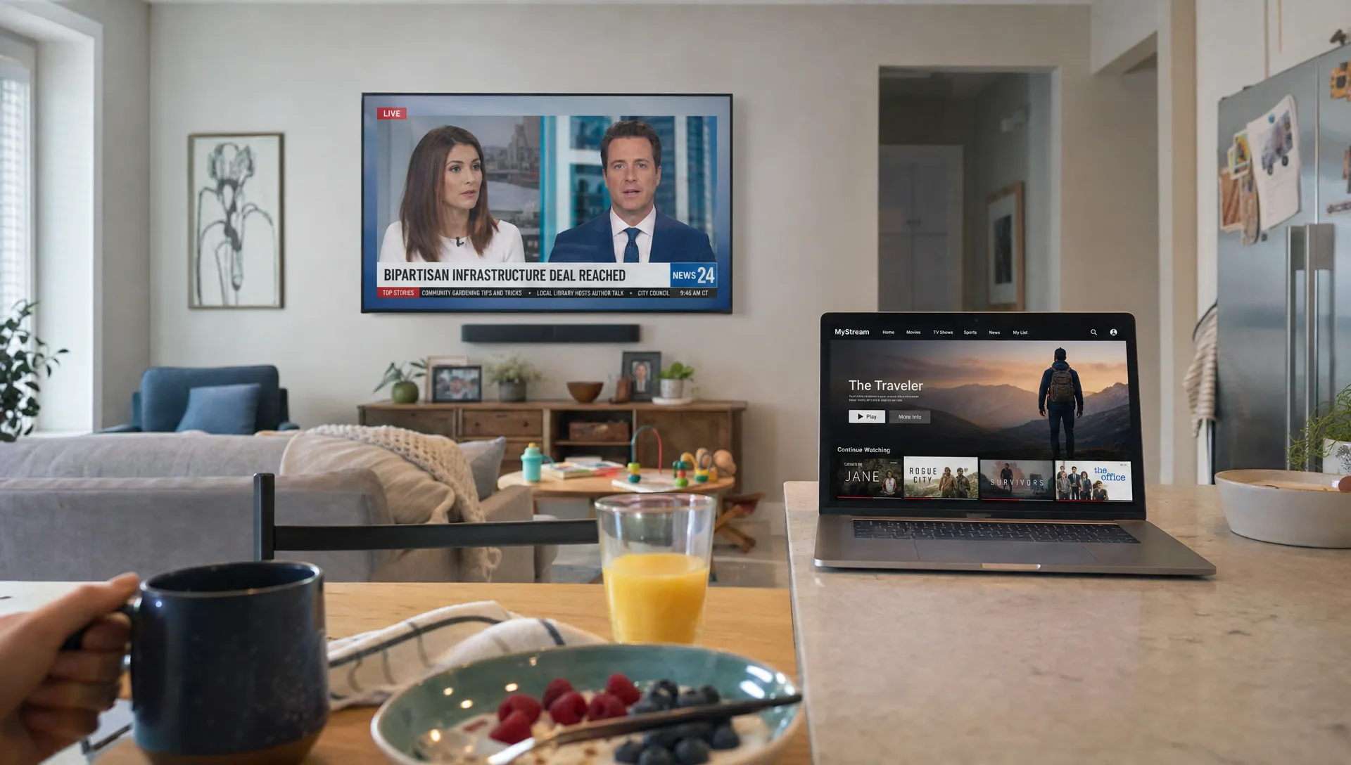 A kitchen-living room shows a live news channel on TV and an open laptop as streaming fits daily home viewing.