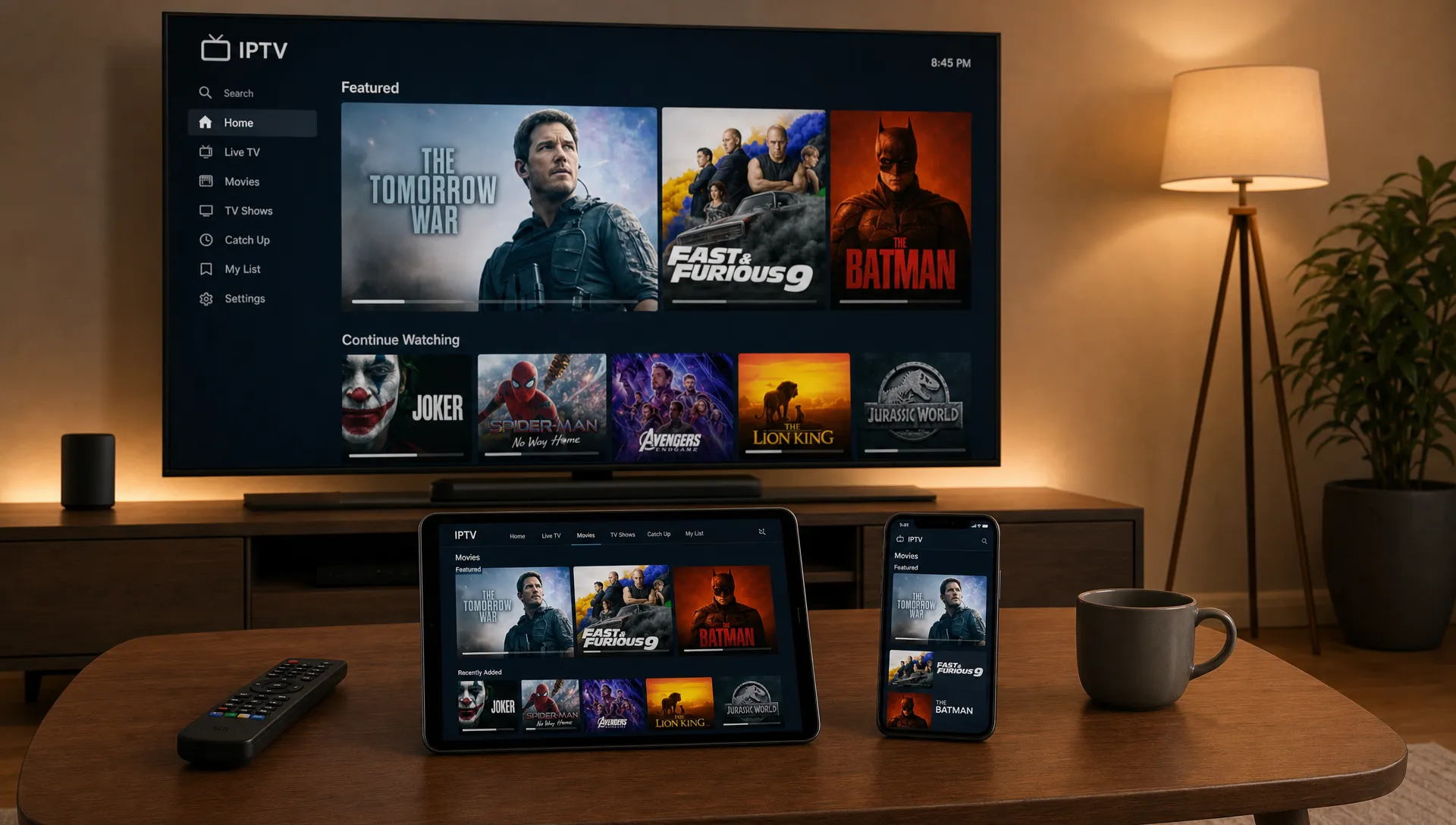A living room coffee table with a Smart TV in the background, a remote, tablet and phone set up for browsing IPTV movies across devices.
