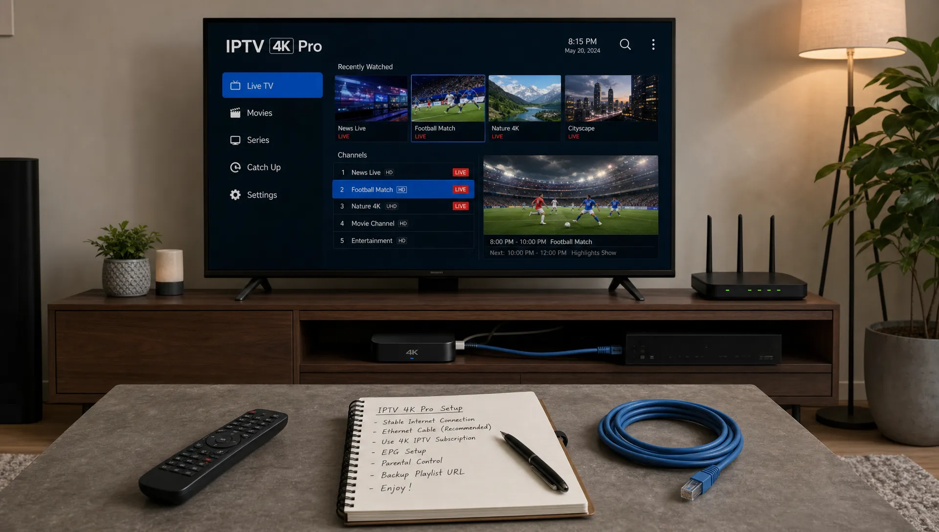 A living room media setup shows a 4K TV, streaming device, router and Ethernet cable beside IPTV 4K Pro playback notes on a coffee table.