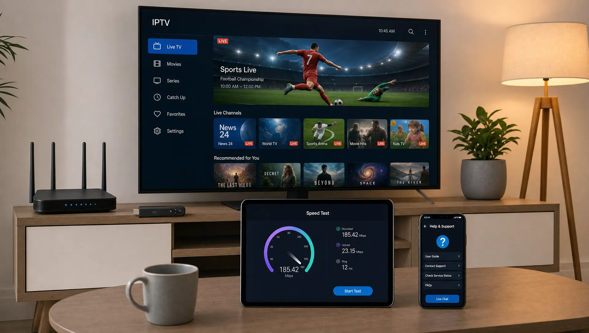 A living room setup with a 4K TV, router, streaming stick, tablet and phone for comparing IPTV device support, speed and help.