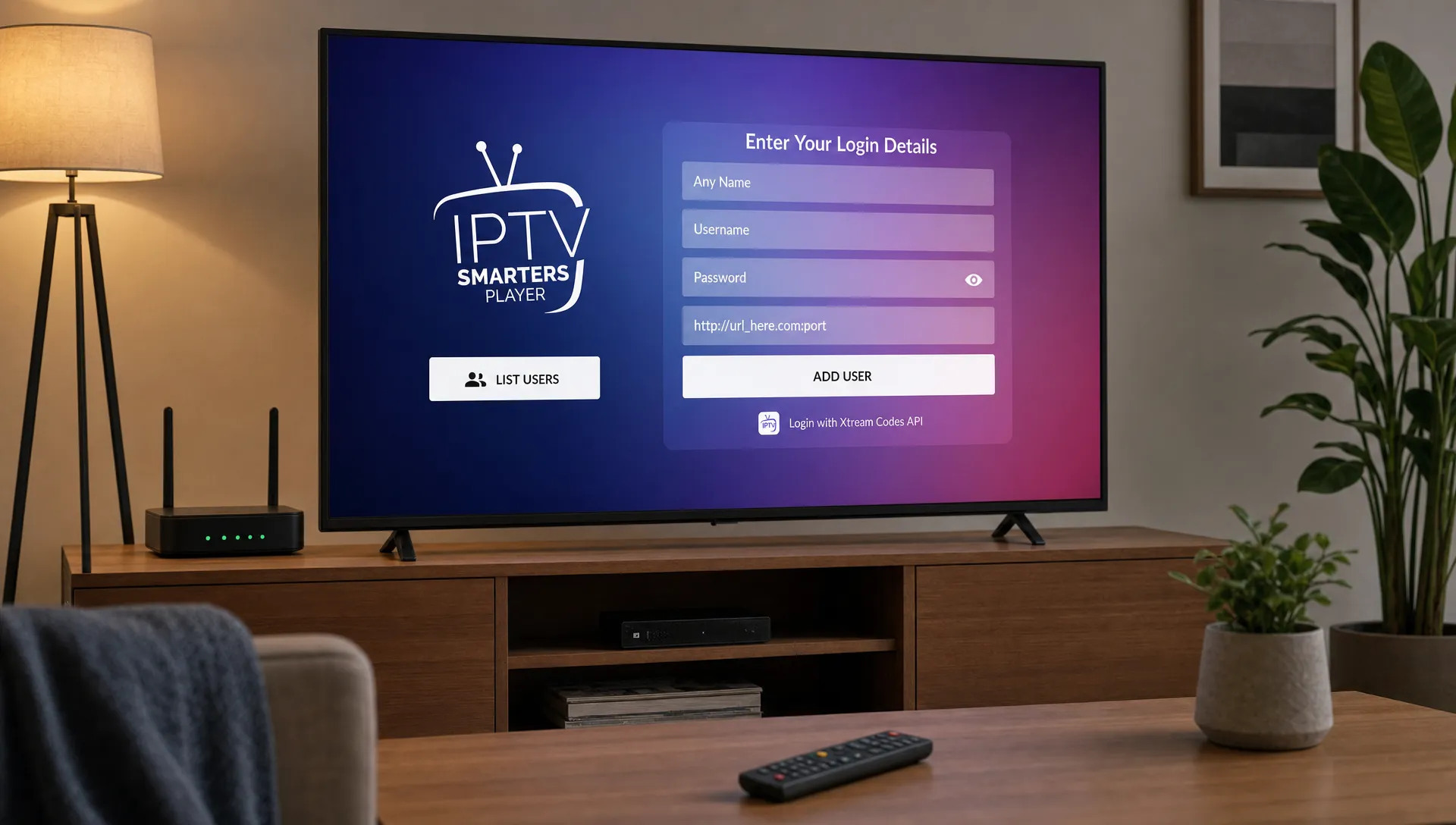 A living room Smart TV shows the IPTV Smarters Player login screen with a remote on the coffee table and a router nearby.
