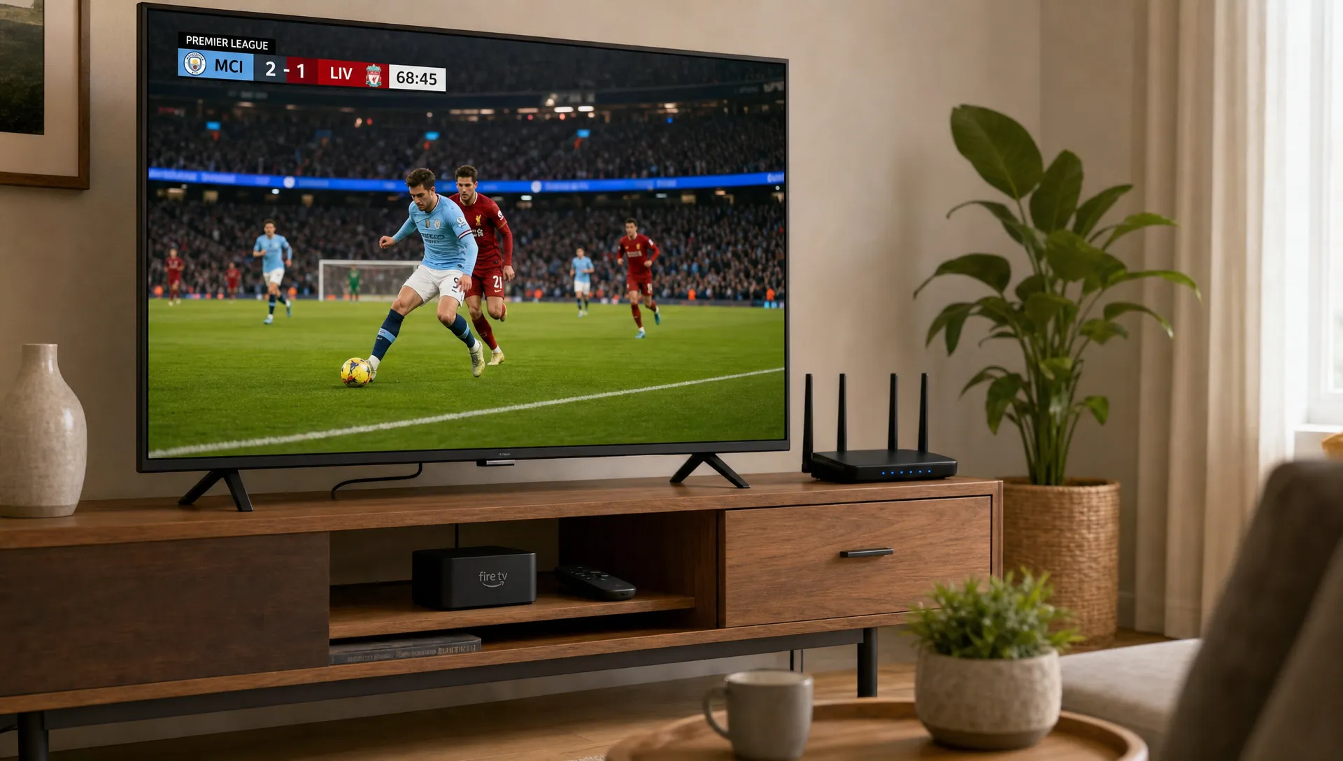 A living room TV plays a sports stream through a Fire TV Stick with a router nearby for smoother IPTV playback.