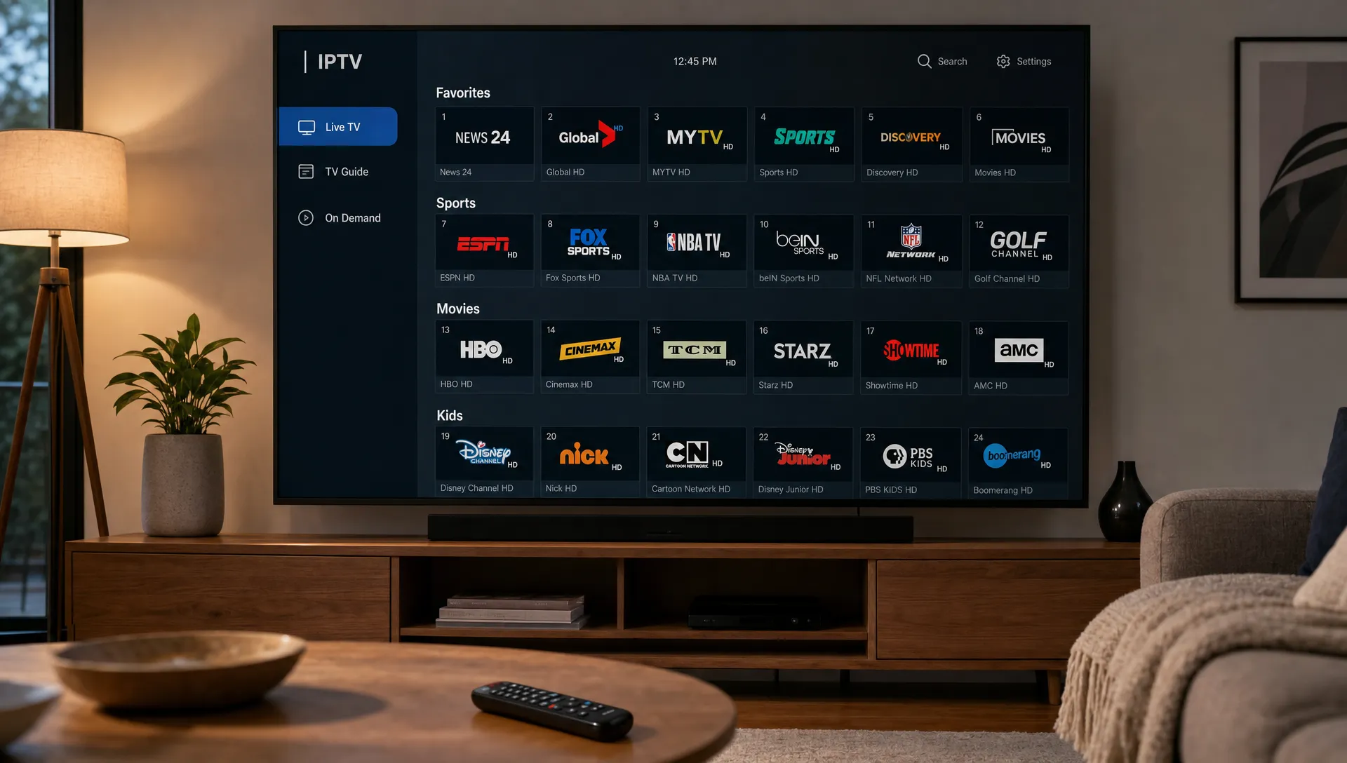 A living room TV shows an IPTV channel guide divided into Favorites, Sports, Movies and Kids rows with a remote on the coffee table.