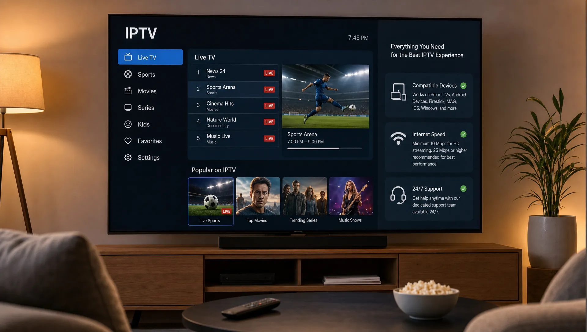 A living room TV shows an IPTV channel guide with sports, movies and live TV categories beside a checklist for devices, internet speed and support.