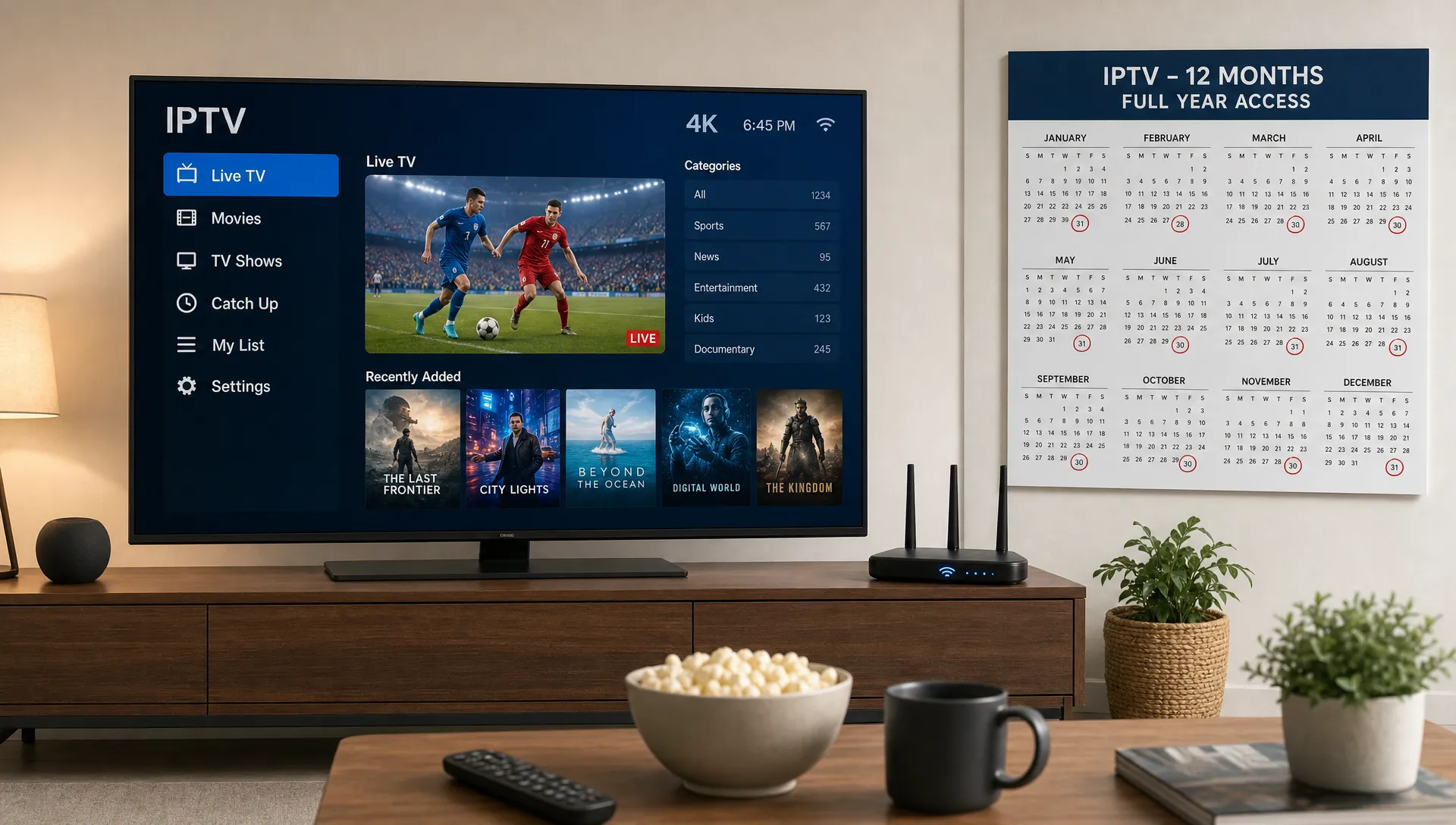 A living room with a 4K television, Wi-Fi router and marked calendar shows a full year of IPTV streaming.