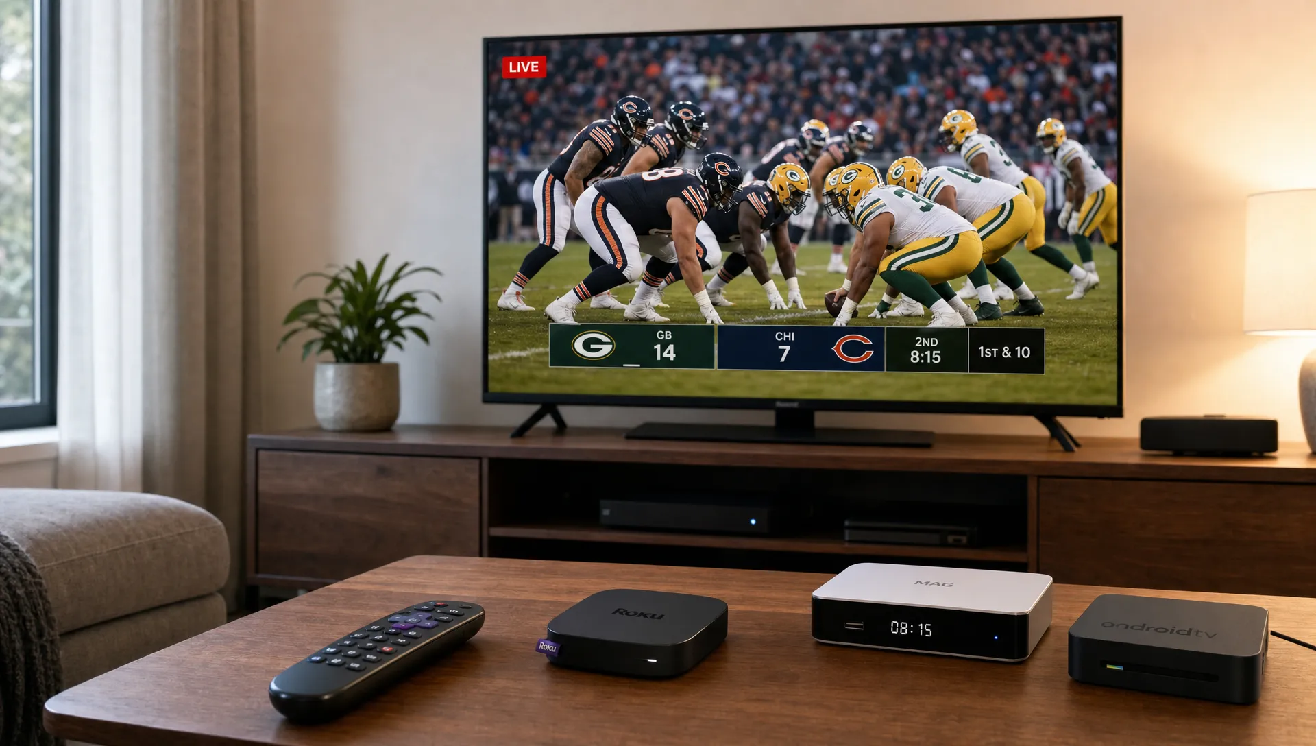 A living room with a 4K TV showing live sports, a remote on the table and several devices nearby for IPTV viewing.