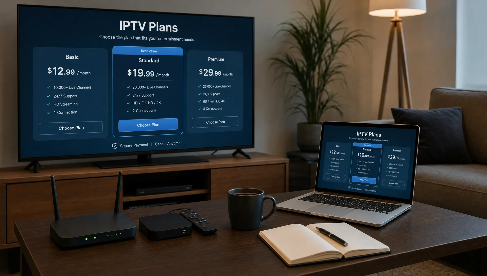 A living room with a Smart TV, router, streaming device and notebook on the coffee table compares IPTV monthly plans.