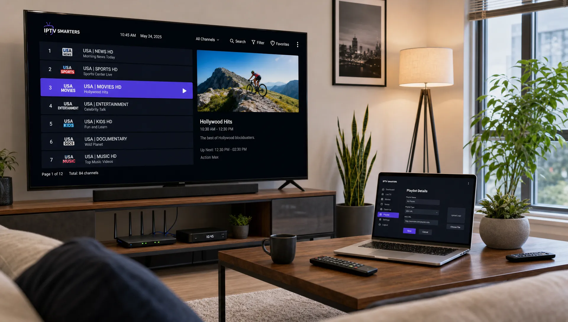 A living room with a television guide, a router and a laptop shows where IPTV setup and browsing happen.