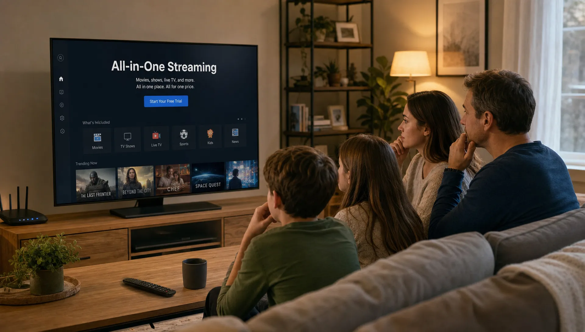 A living room with a TV facing the sofa, a remote on the table, and a router nearby as a family weighs an all in one streaming service.