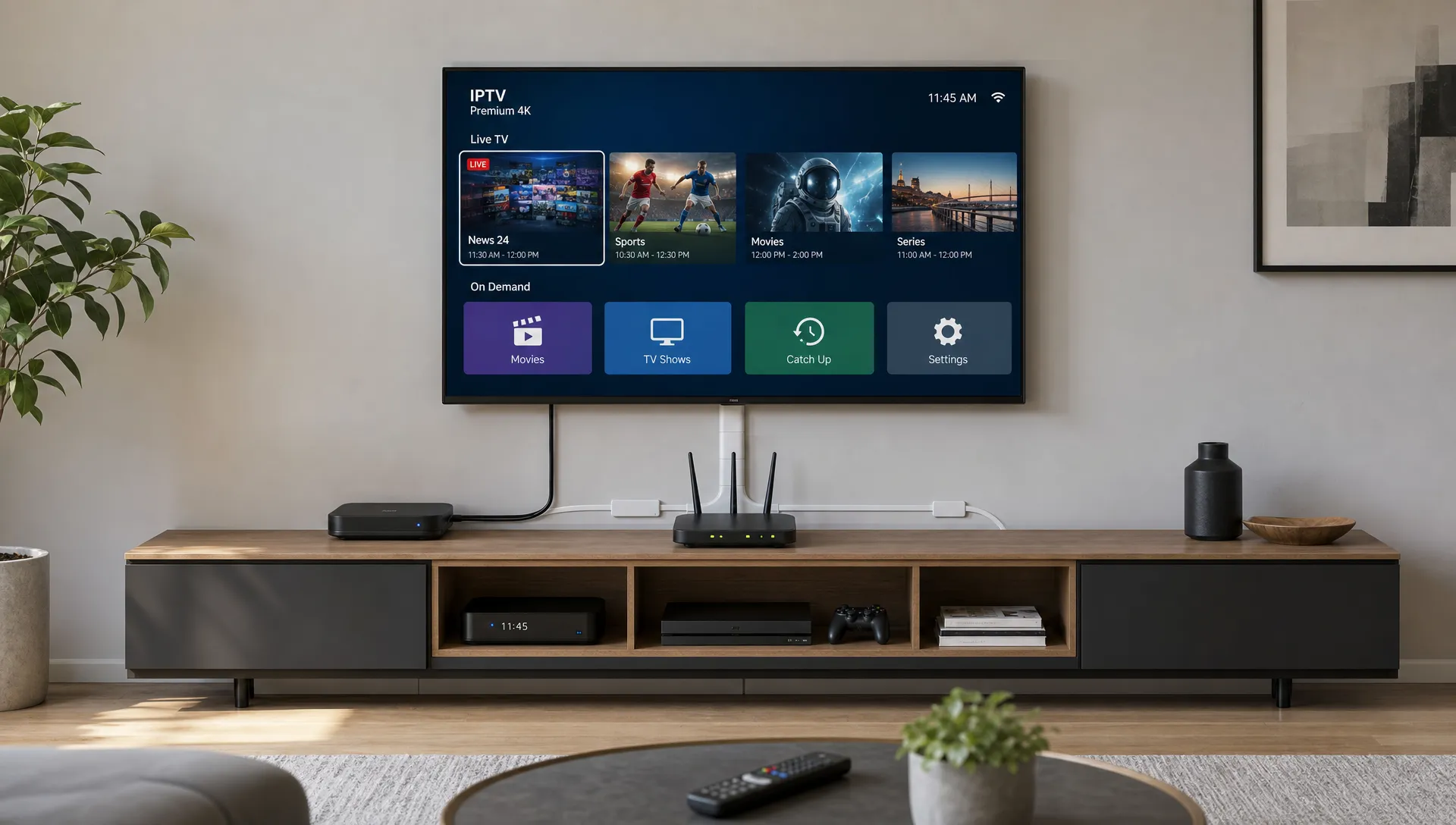 A living room with a wall-mounted TV, streaming device, router and organized cables for a stable IPTV premium 4K setup.