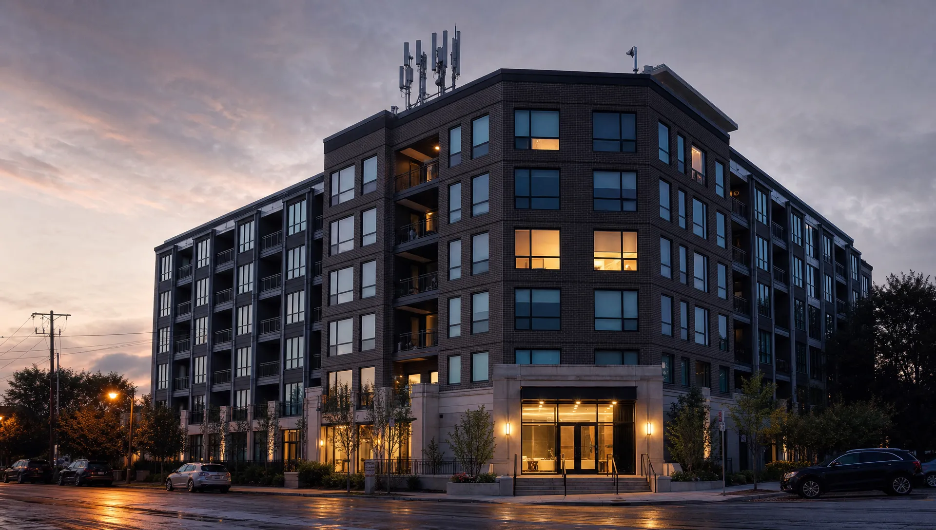 A modern apartment building at dusk with a rooftop telecom array and lit windows, suggesting the infrastructure behind IPTV stream quality and uptime.