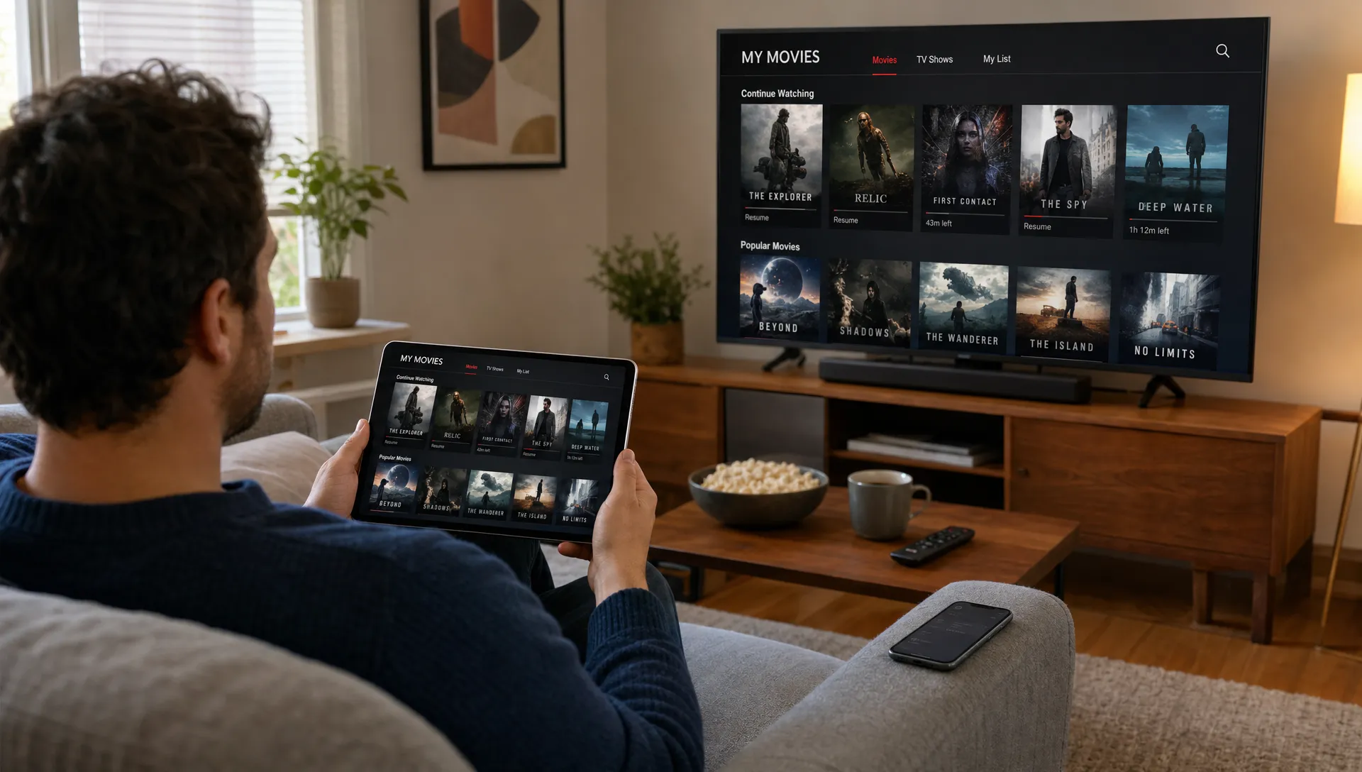 A person browses IPTV movies on a tablet while the same library appears on the TV behind them.