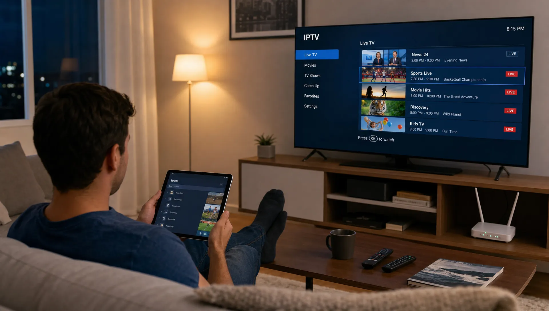 A person relaxes on a sofa while IPTV plays on the TV in an ordinary home evening scene.