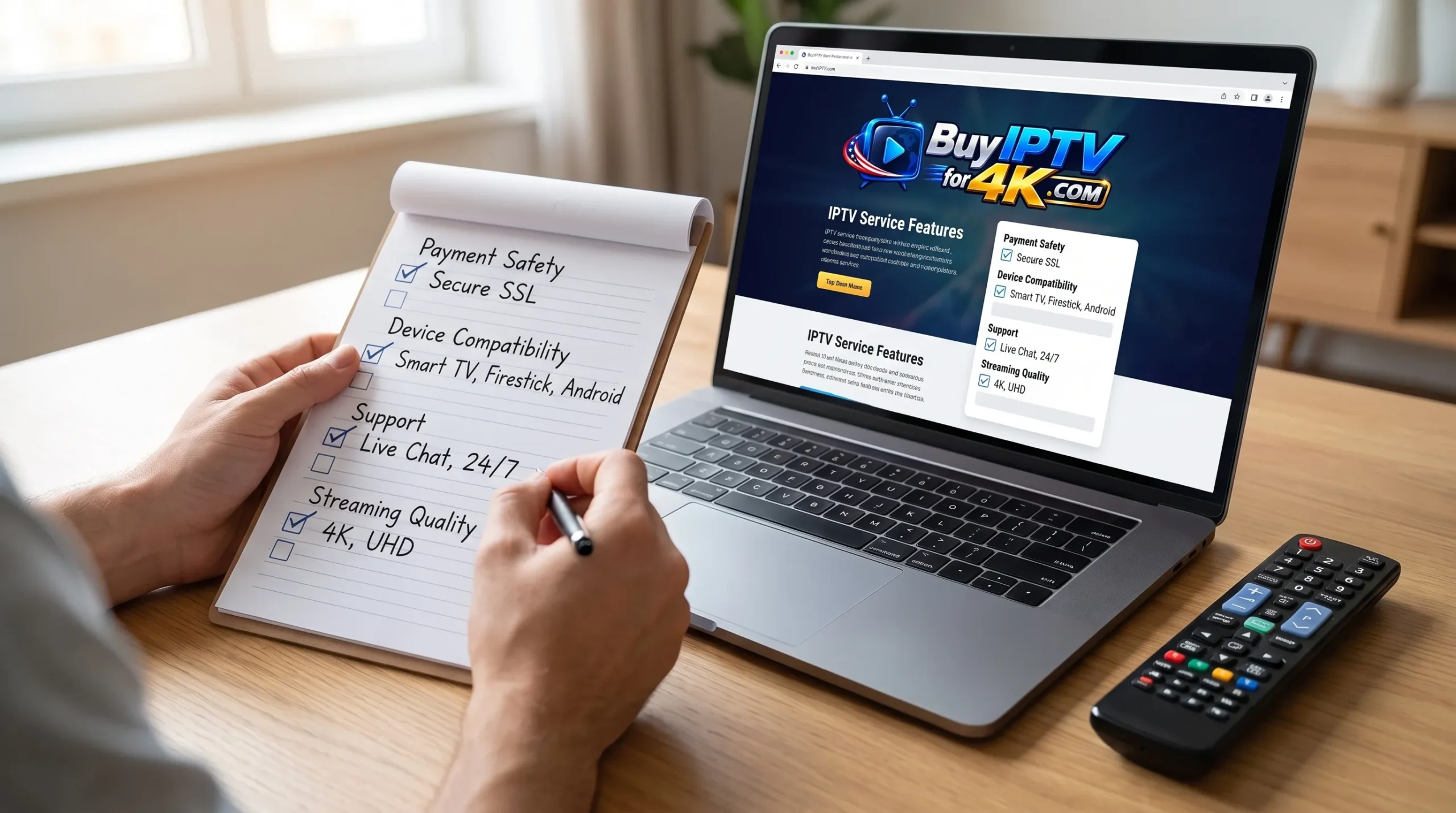 A person reviews an IPTV website checklist on a laptop beside a Smart TV remote, with notes about payment safety, device compatibility, support and streaming quality.