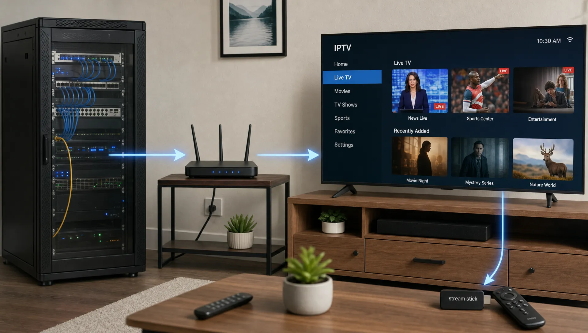 A server rack, home router, Smart TV and streaming stick in a real room show how IPTV streams move from the network to the screen.