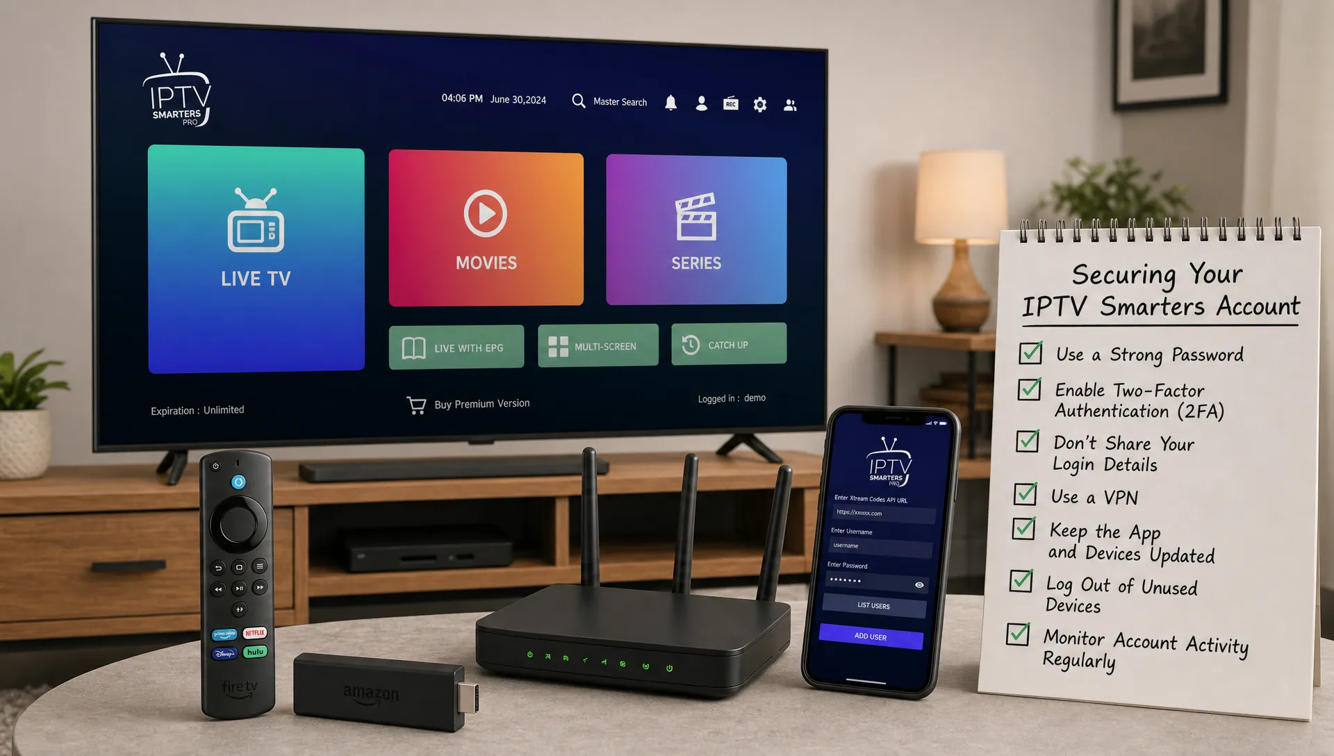 A Smart TV, Firestick remote, router and phone sit together beside a simple checklist for securing an IPTV Smarters account.