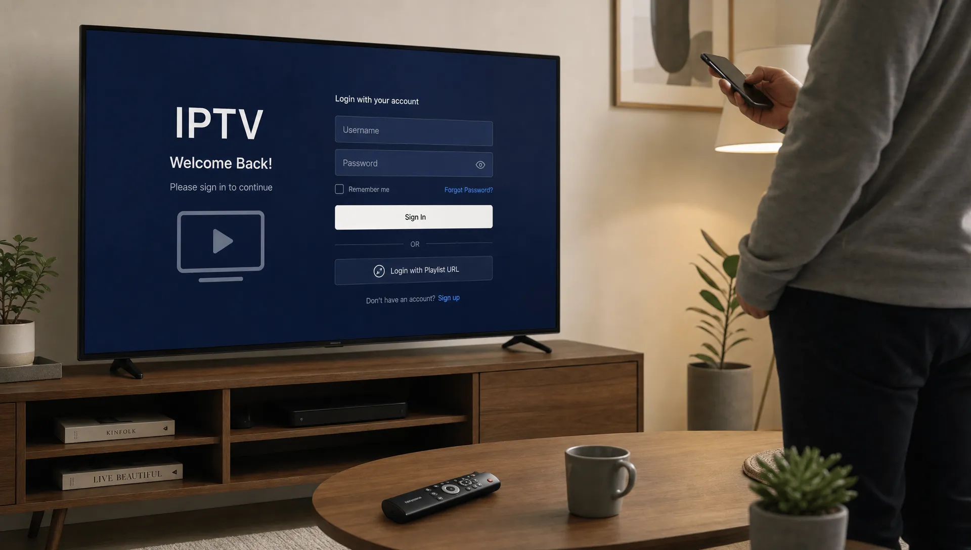 A Smart TV in a living room shows IPTV login screens while a remote rests on the table and someone stands nearby with a phone.