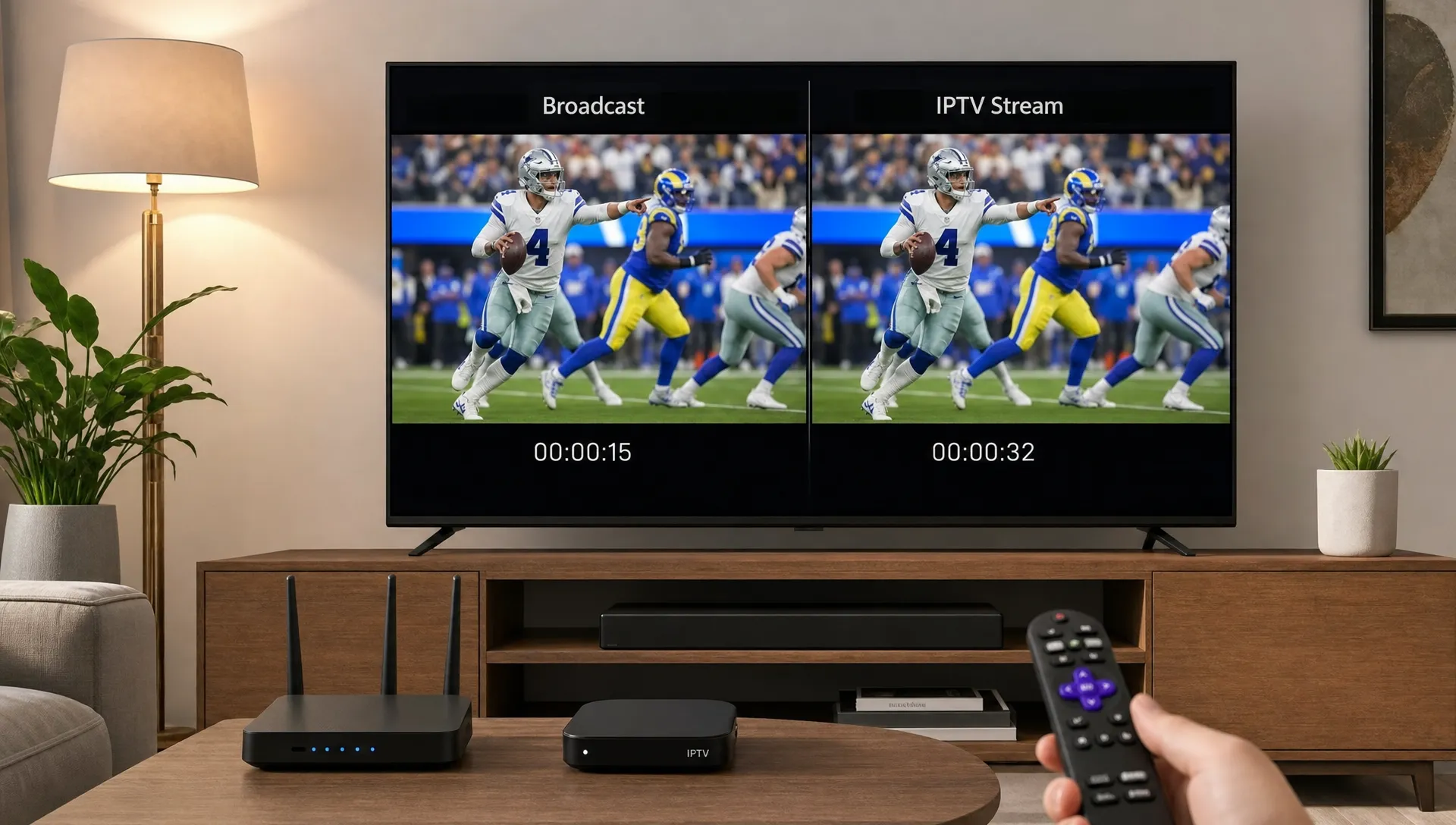 A smart TV, router and streaming box show an IPTV live stream timing difference beside a broadcast feed in the living room.