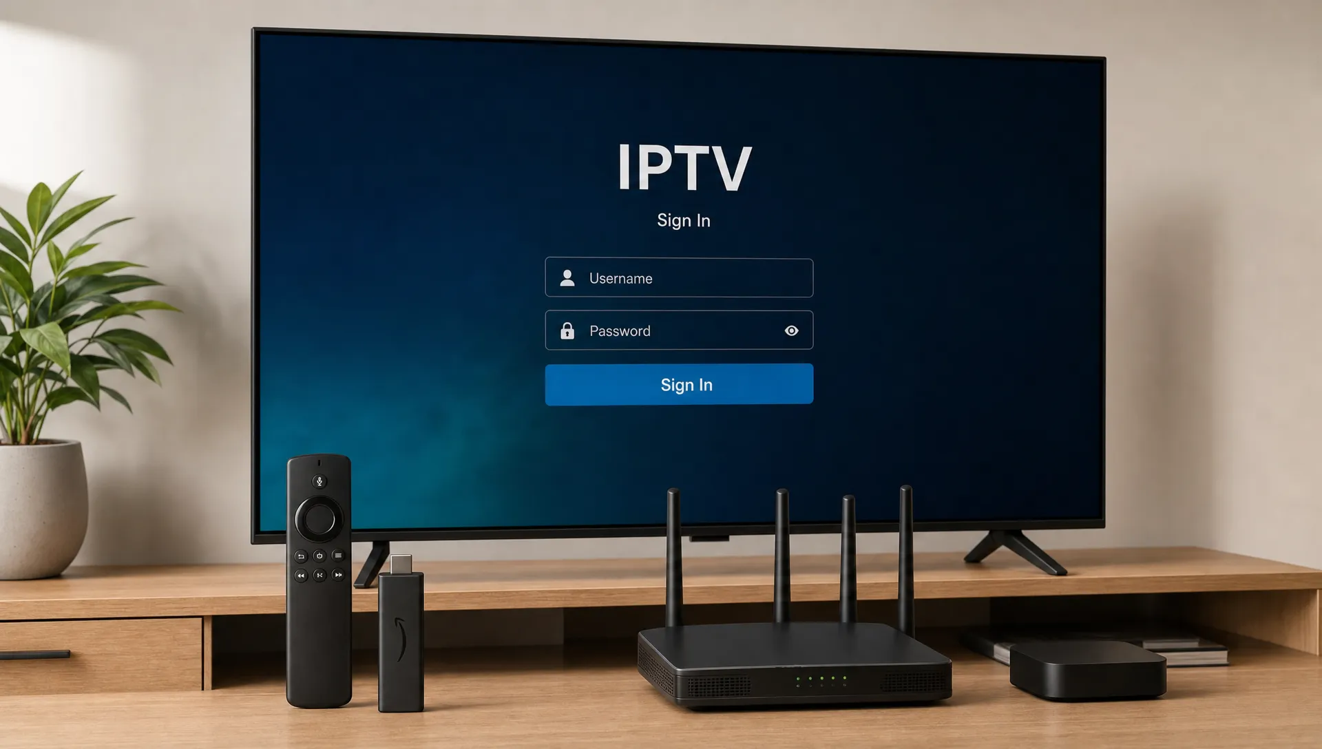 A Smart TV, streaming stick, Wi-Fi router and remote controls are arranged for IPTV installation, with the TV showing a simple login screen.