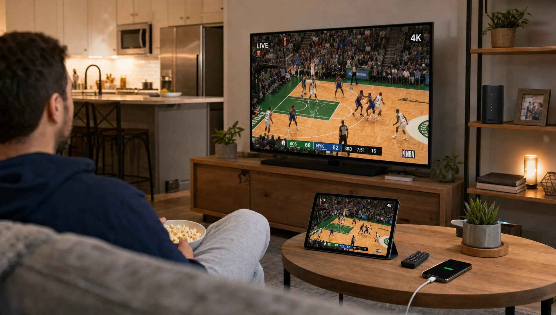 A sofa, tablet and TV show everyday IPTV 4K Pro viewing during a live sports stream.