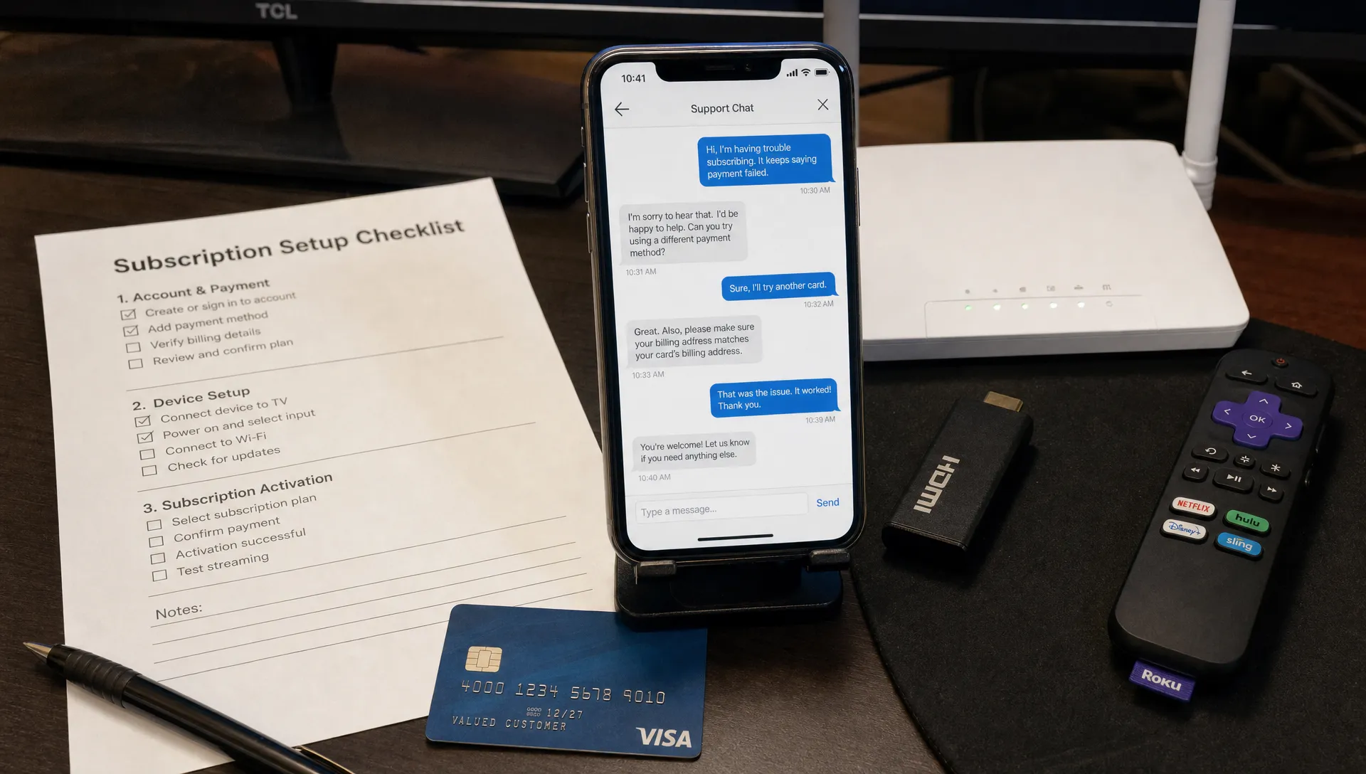 A support desk shows an IPTV subscription checklist, payment card and setup tools before purchase.
