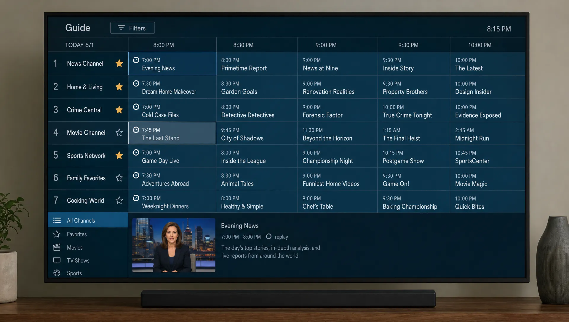 A television shows an IPTV guide with EPG rows, favorite stars and a catch-up replay icon beside past programs.