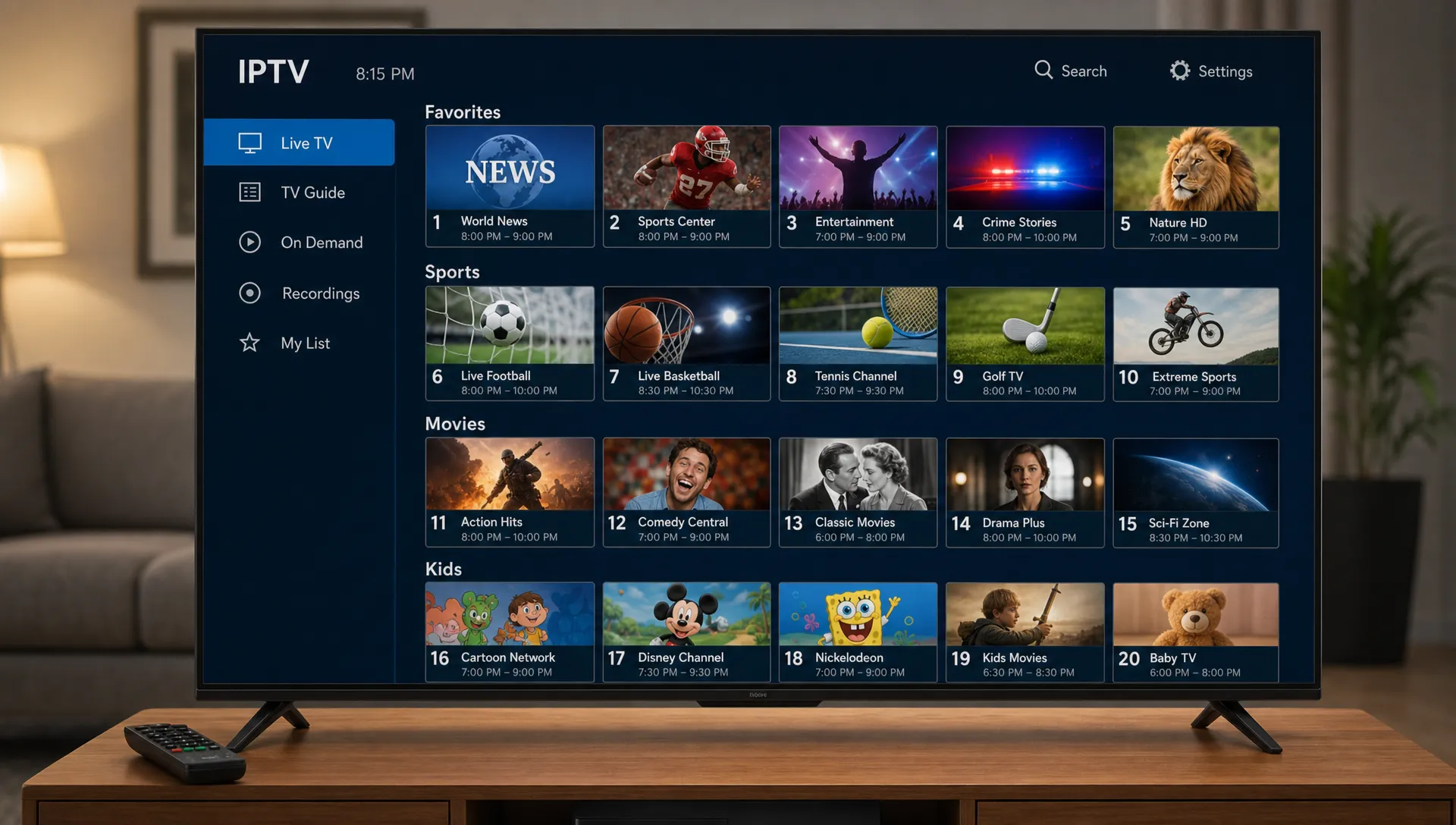 A TV screen shows an IPTV channel guide with Favorites, Sports, Movies and Kids rows beside a remote on the table.