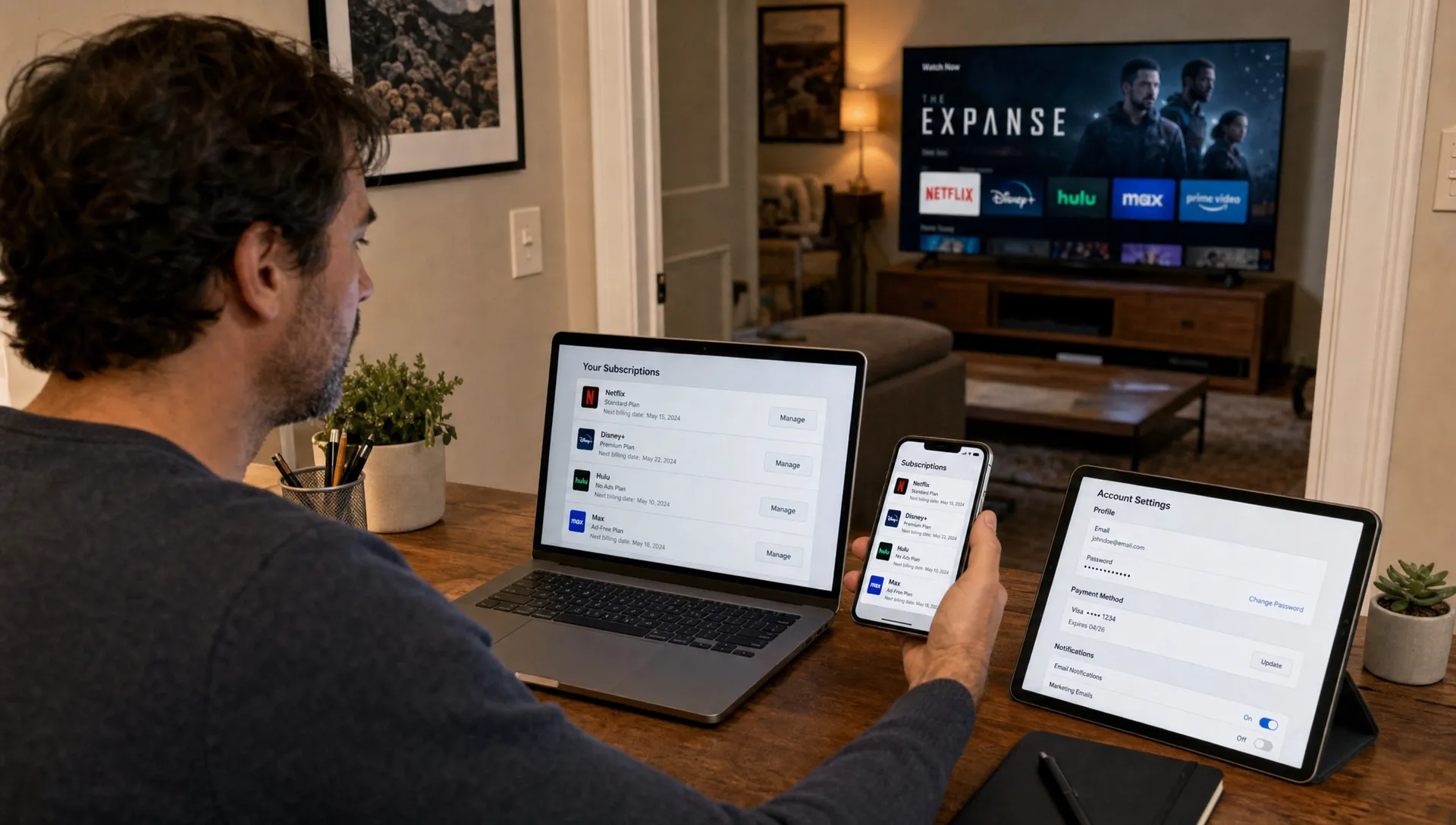An adult manages streaming credentials at a home office desk while a Smart TV glows in the background.