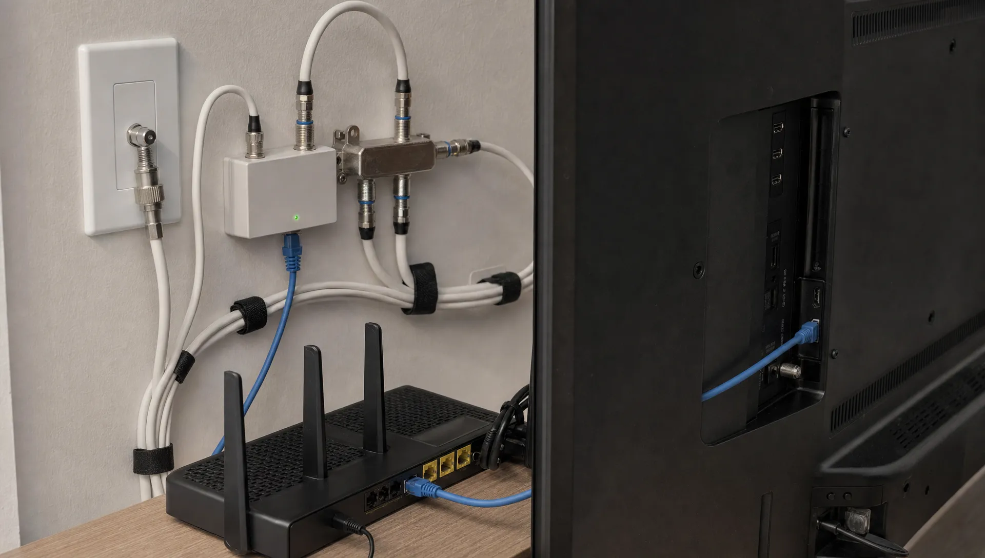 An Ethernet cable, coax splitter and MoCA adapter sit behind a 4K TV in a real home setup.