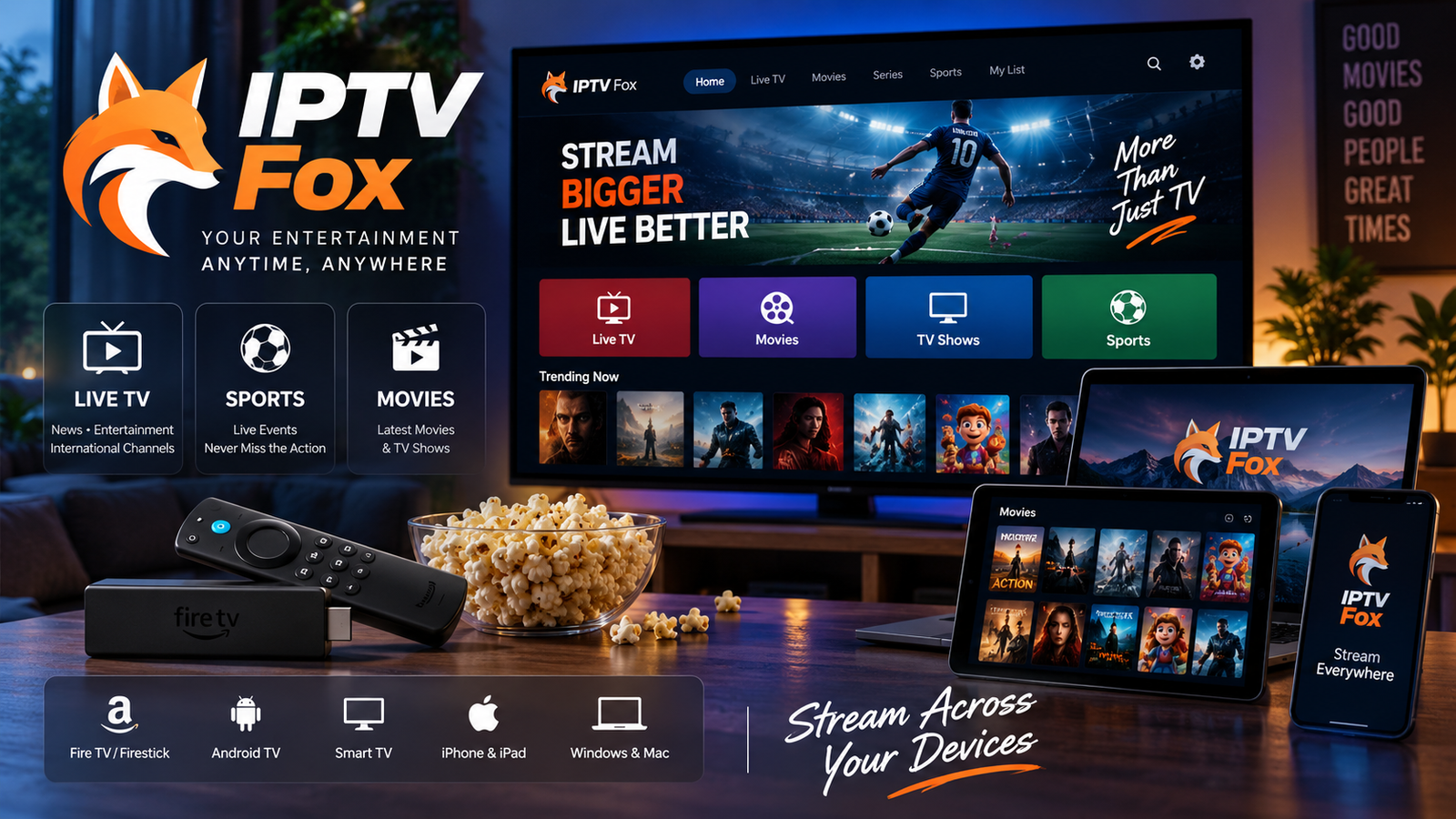 IPTV Fox live TV, sports, and movies streaming across devices
