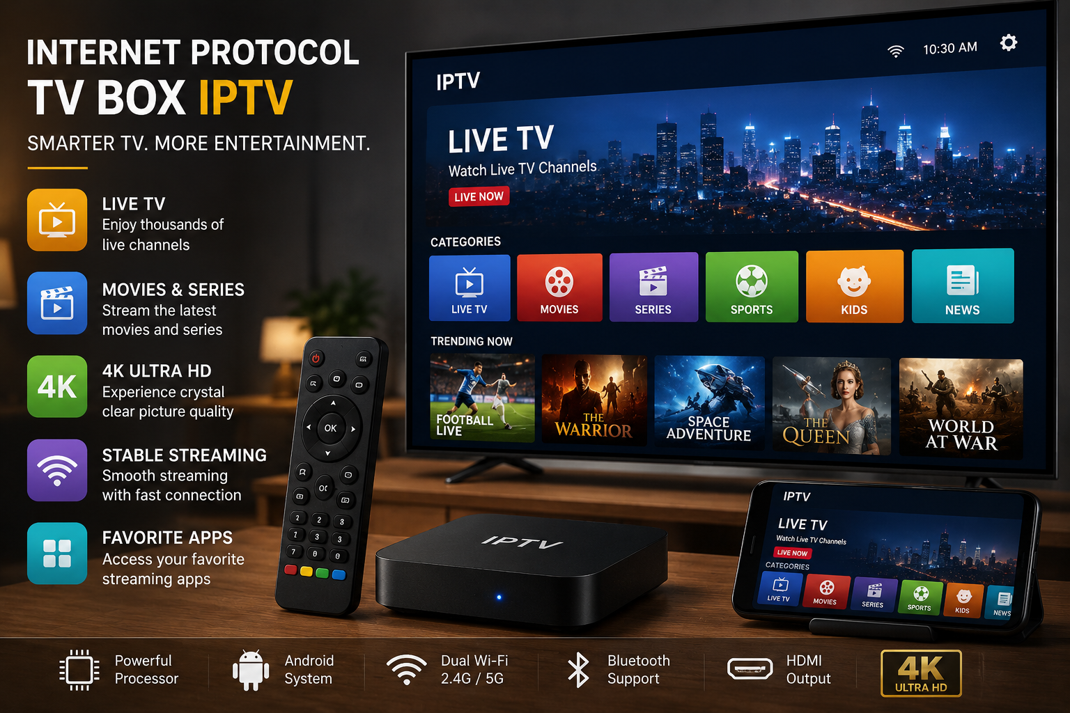 Internet Protocol TV Box connected to a 4K Smart TV