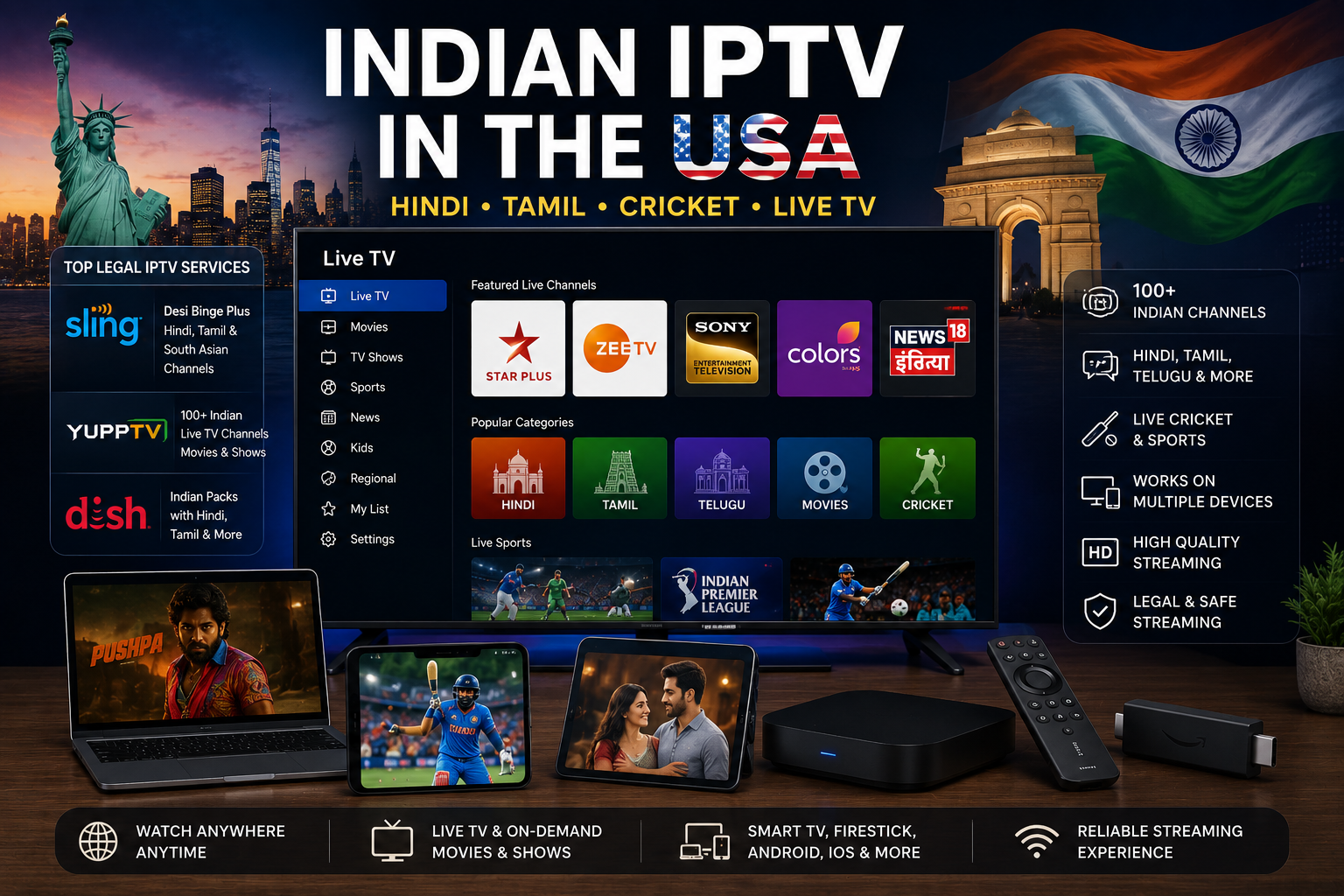 Legal IPTV Indian channels in USA with Hindi Tamil and cricket content