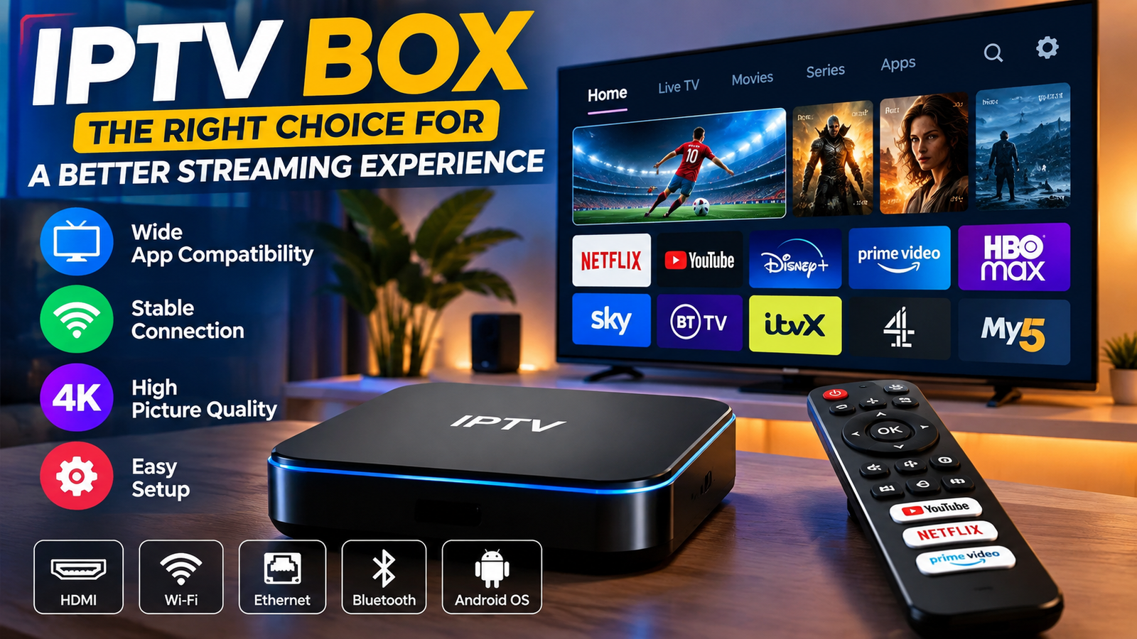 IPTV box for streaming with TV and remote control