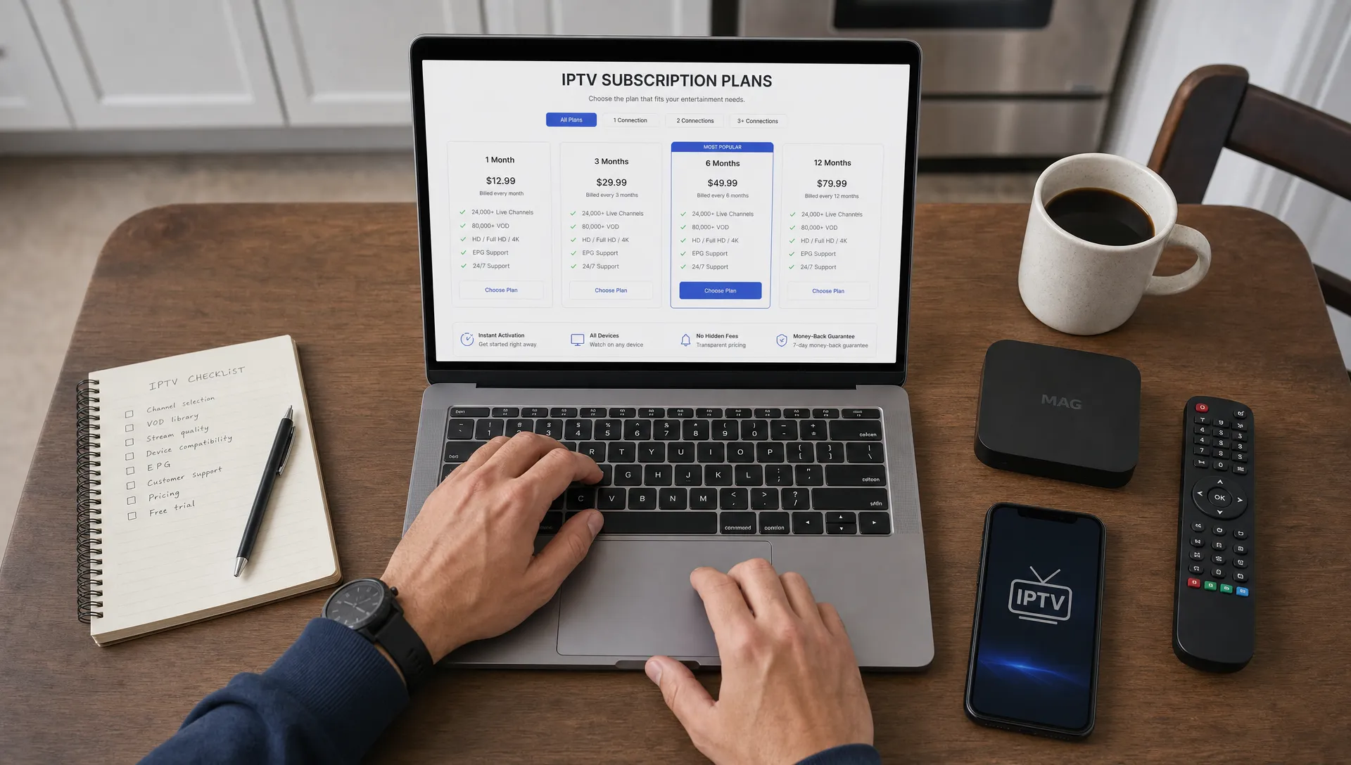 Hands compare IPTV subscription lengths on a laptop beside notes, a phone and a streaming device.