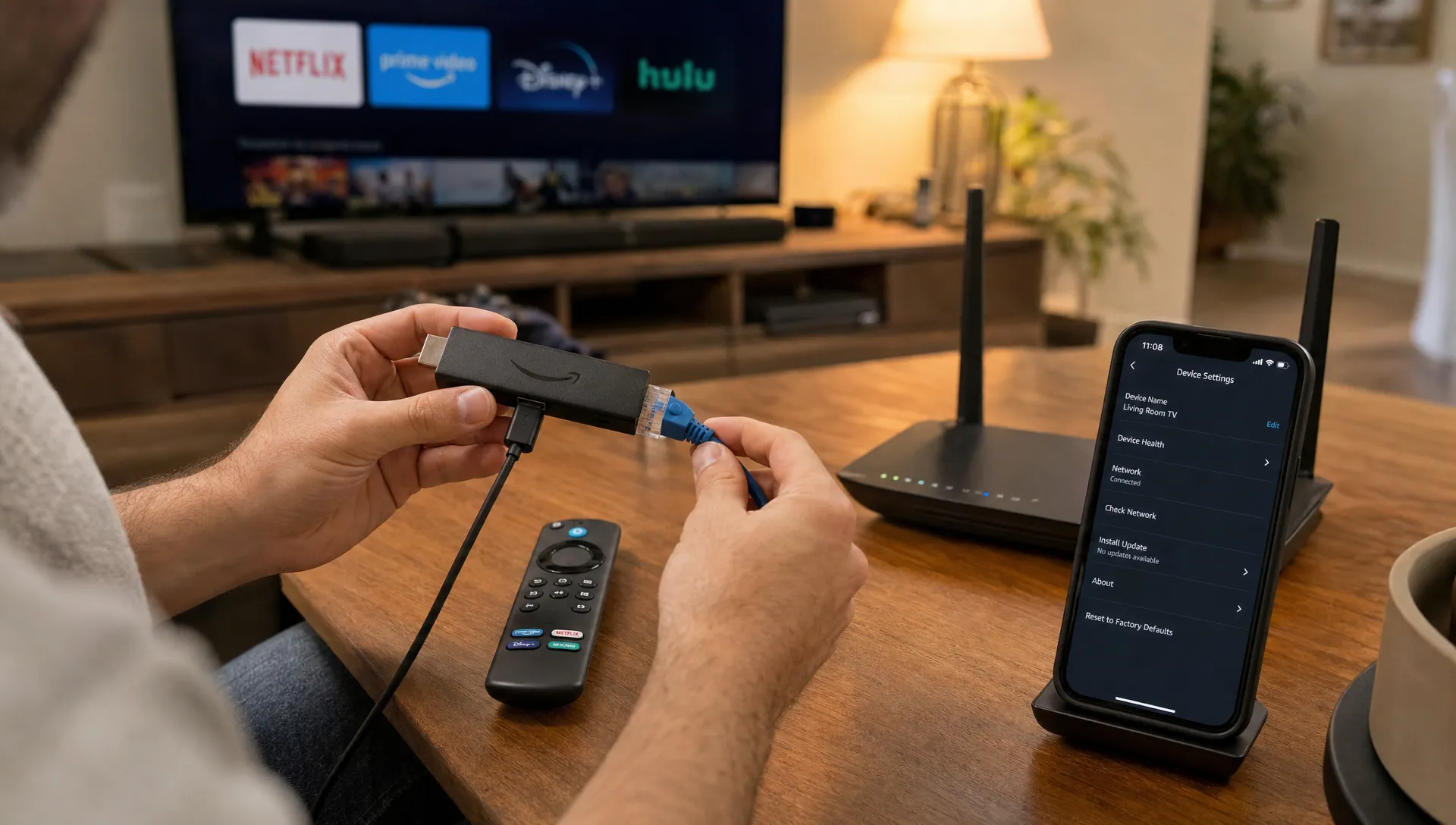 Hands connect an Ethernet cable to a streaming device next to a router during IPTV setup.