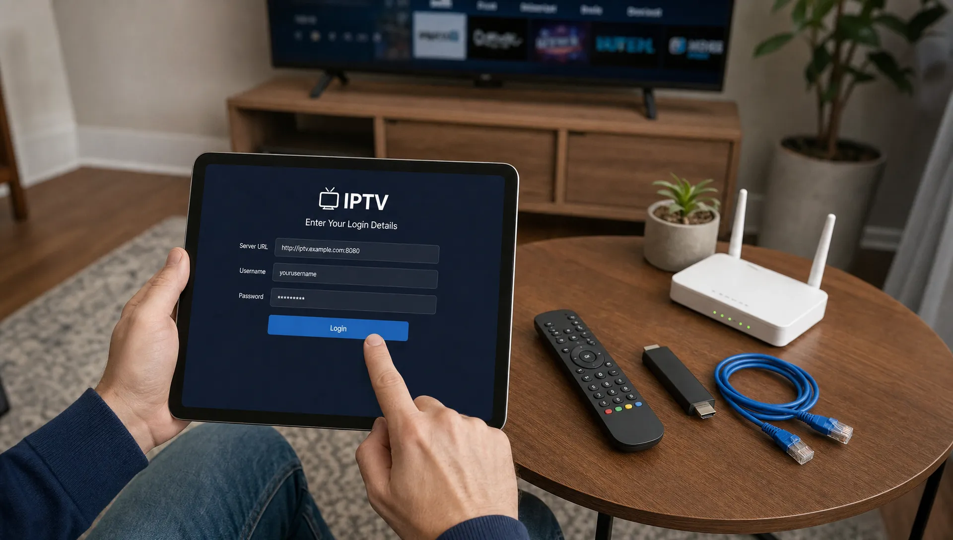 Hands enter IPTV login details on a tablet beside a remote, streaming stick and router on a coffee table.