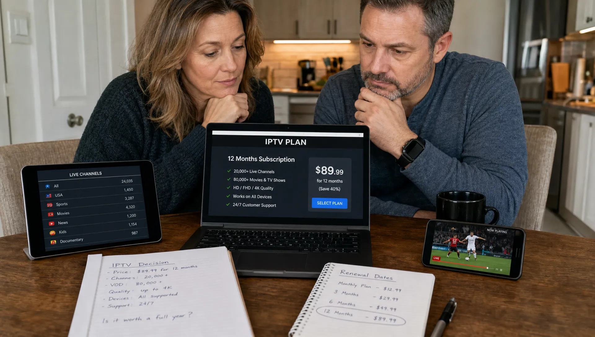 Two adults compare an IPTV 12 month subscription plan at a kitchen table with a laptop and notes.