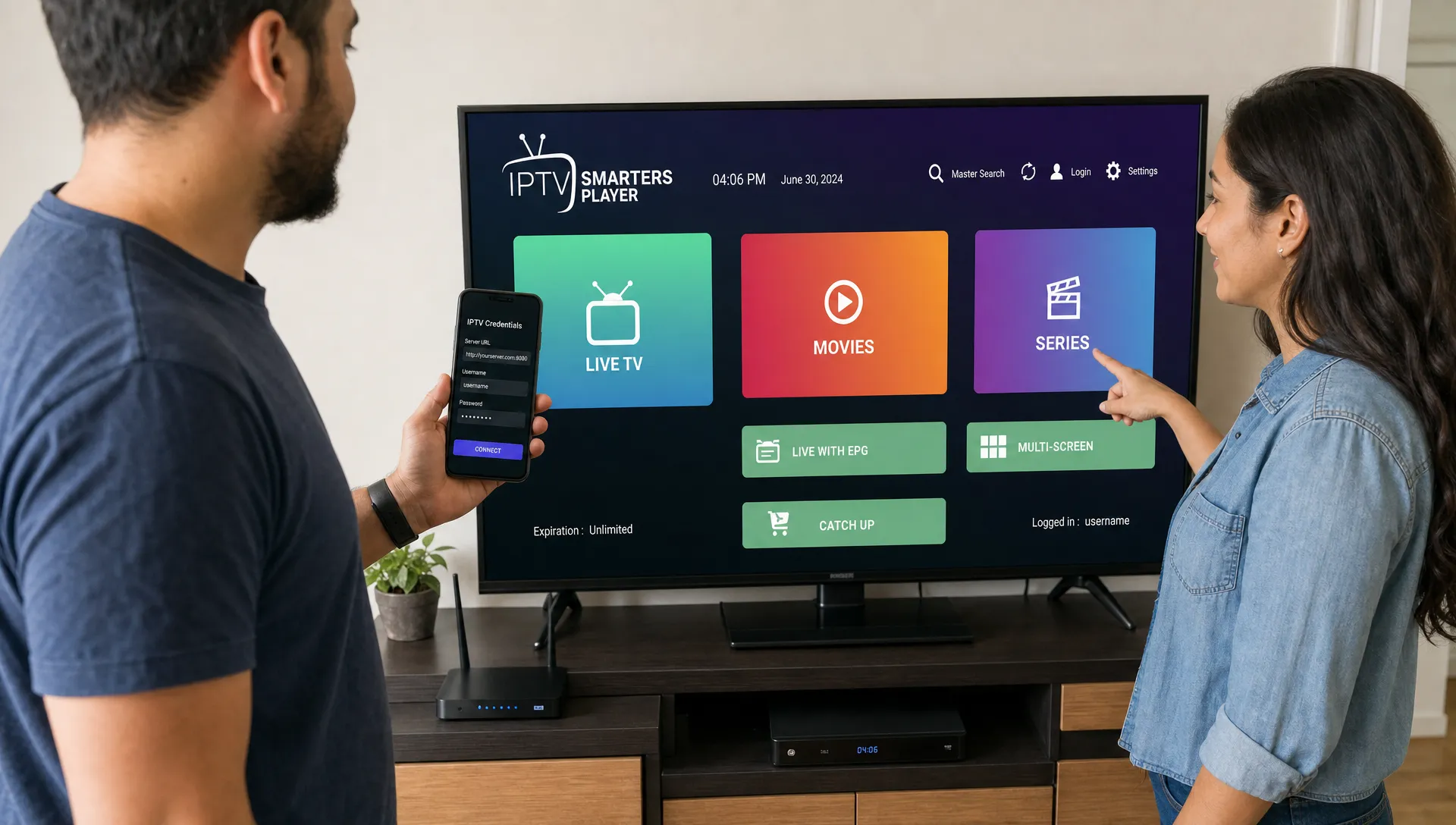 Two adults stand by a Smart TV while entering IPTV Smarters Player credentials in a home interior.