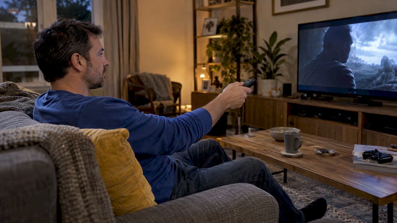Viewer choosing a film on IPTV at home
